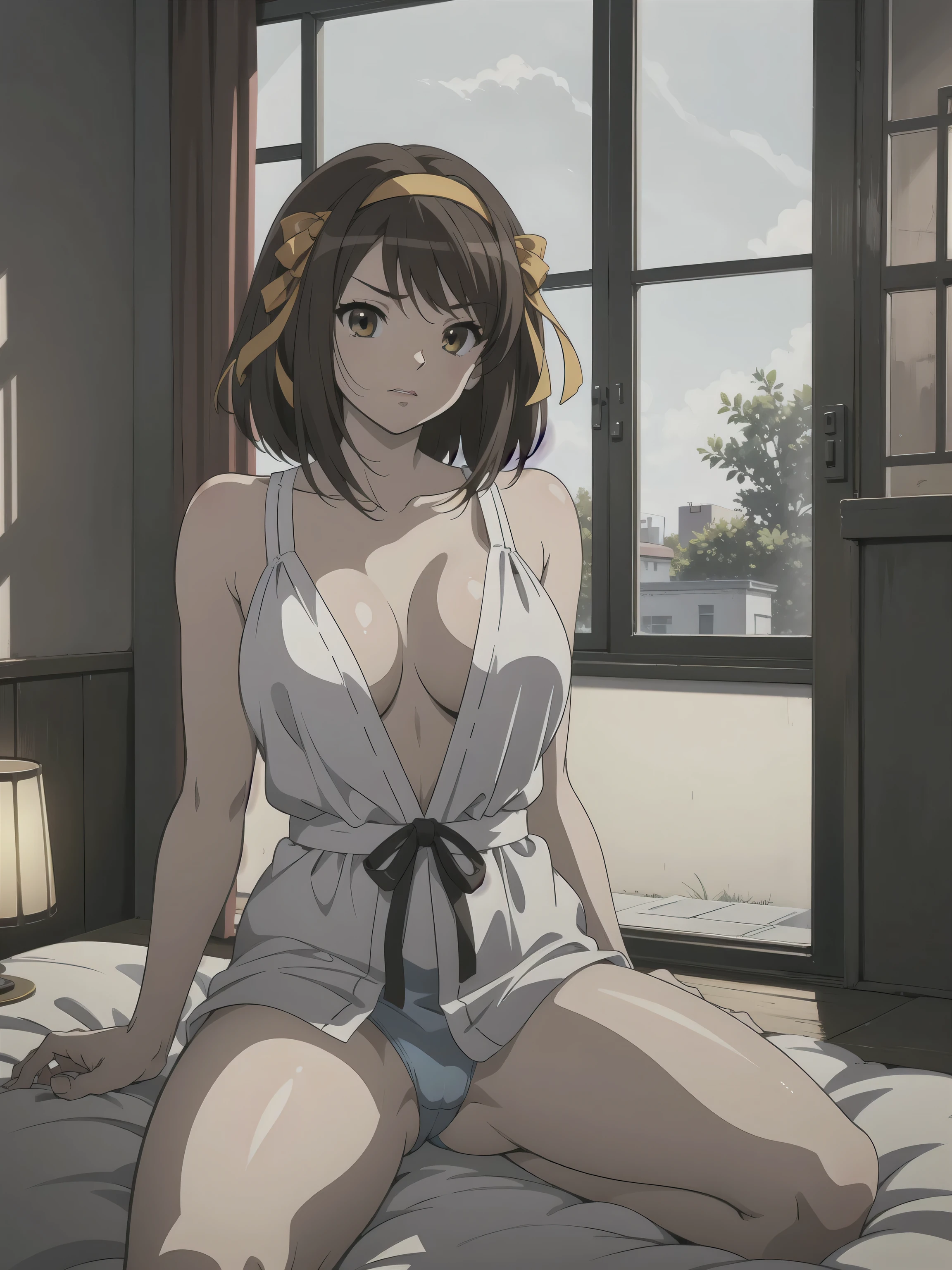 (A superb exquisite haruhi suzumiya), (haruhi suzumiya:1.5), brown eyes, brown hair, natural straight hair, hairband, ribbon, straight bangs, solo, nature, extremely delicate, straight facial features, peerless beautiful girl, soft, (sensual face), ((ecchi face)), dreamy quality, exaggerated facial features, solid color, frank holly, delicate face, bright lips, slender waist, soft curves, real light and shadow, super fine, 4k, natural moving, Ultra high resolution, (masterpiece:1.2, best quality), (finely detailed beautiful eyes: 1.2), (beautiful detailed face), sexy nude model, sexy pose, (large chest), (Perfect Body Proportions), (bedroom), Mekosuji, Spread your legs a little and show off your crotch,