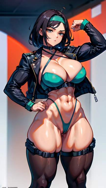 1 woman,muscular arms, Ultra HD, retina, obra de arte, Anatomicamente Correto, pele texturizada, detalhes altos, premiado, Melhor qualidade, 8k, alto,(jacket, holster, gun holster, bondage gear, choker, headband, pantyhose, harness ), shaved pussy, large perfect breasts, wide hips, thick thighs,