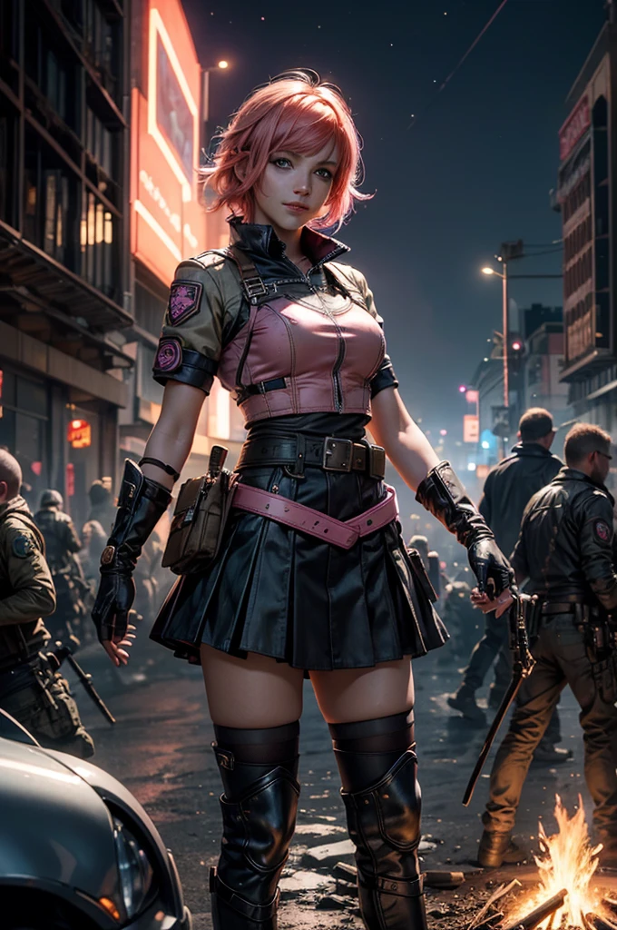 1girl,cowboy shot, beautiful nora_valkyrie, looking at viewer, smile, short hair, blue eyes, heart cutout, gloves, jacket, pink skirt, pink belt, short sleeves, puffy sleeves, single armband, fingerless gloves, short hair, orange hair, pink gloves, dynamic pose, night, lightning, standing on old suspension bridge, river, post-apocalypse, dystopian future, crowd, (crowd in military uniforms), bonfires, (volumetric lighting), best quality, masterpiece, intricate details, tonemapping, sharp focus, hyper detailed, trending on Artstation,