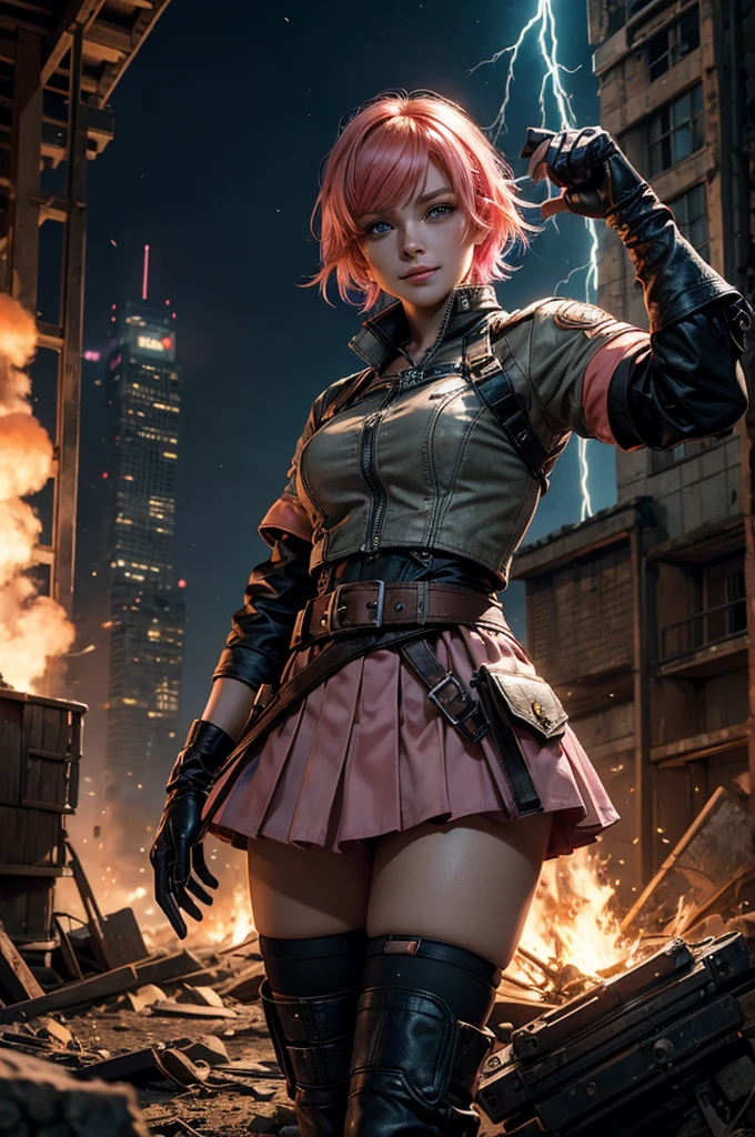1girl,cowboy shot, beautiful nora_valkyrie, looking at viewer, smile, short hair, blue eyes, heart cutout, gloves, jacket, pink skirt, pink belt, short sleeves, puffy sleeves, single armband, fingerless gloves, short hair, orange hair, pink gloves, dynamic pose, night, lightning, standing on old suspension bridge, river, post-apocalypse, dystopian future, crowd, (crowd in military uniforms), bonfires, (volumetric lighting), best quality, masterpiece, intricate details, tonemapping, sharp focus, hyper detailed, trending on Artstation,