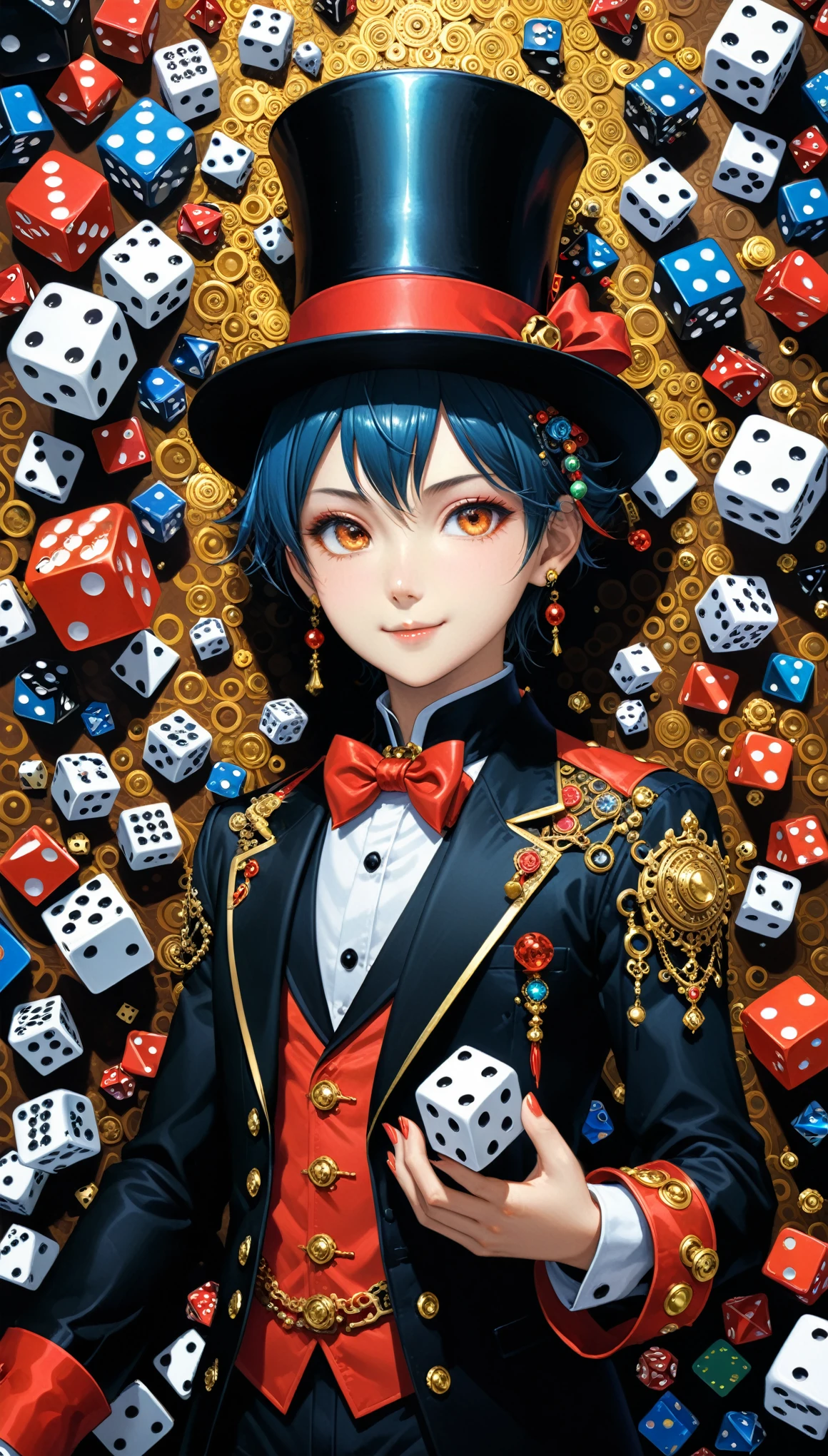 (in style of Takeshi ta:1.3),(in style of by Liu Ye:0.9),in style of Daniel Merriam,
very many dice flying,1girl,magician's top hat in hand,a lot of dice of different sizes flew out of the hat,bright colors,dsmile,magician uniform,(insanely detailed and intricate, hypermaximalist, elegant, ornate, hyper realistic, super detailed:1.1),