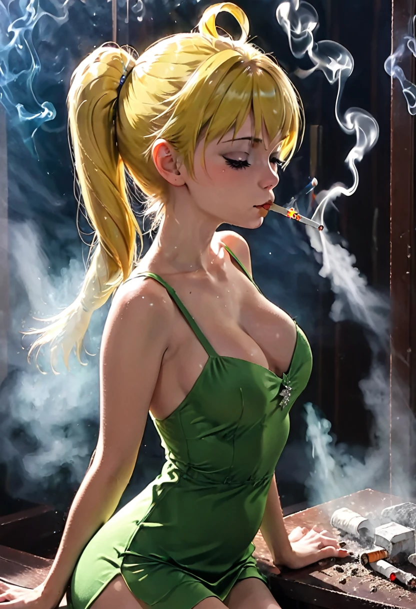 tinkerbell rapidly smoking cigarettes while masturbating, touching pussy, hand on pussy, sucking very hard on cigarette, the cigarette ash is growing very long, very long cigarette asdh, nose exhale, deeply inhaling, lots of cigarette ash, exhaling smoke through nostrils, smoke coming out of nostrils, short green dress, yellow hair, bun,