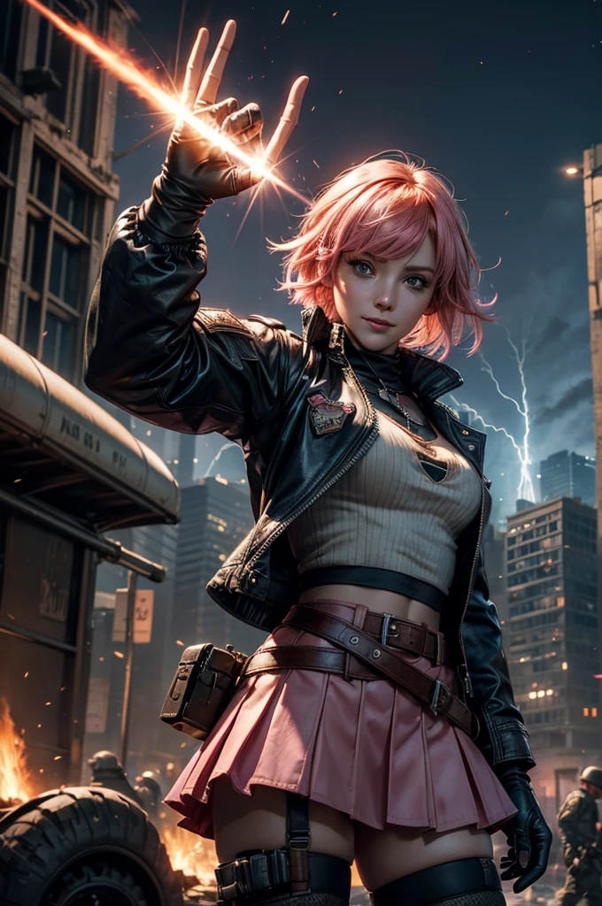  1girl,cowboy shot, beautiful nora_valkyrie, looking at viewer, smile, short hair, blue eyes, heart cutout, gloves,  jacket, pink skirt, pink belt, short sleeves, puffy sleeves, single armband, fingerless gloves, short hair, orange hair, pink gloves, dynamic pose, night, lightning, standing on old suspension bridge, river, post-apocalypse, dystopian future, crowd, (crowd in military uniforms), bonfires, (volumetric lighting), best quality, masterpiece, intricate details, tonemapping, sharp focus, hyper detailed, trending on Artstation,
