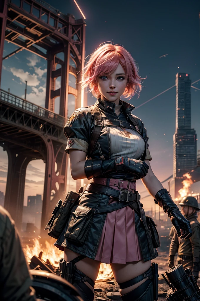 1girl,cowboy shot, beautiful nora_valkyrie, looking at viewer, smile, short hair, blue eyes, heart cutout, gloves, jacket, pink skirt, pink belt, short sleeves, puffy sleeves, single armband, fingerless gloves, short hair, orange hair, pink gloves, dynamic pose, night, lightning, standing on old suspension bridge, river, post-apocalypse, dystopian future, crowd, (crowd in military uniforms), bonfires, (volumetric lighting), best quality, masterpiece, intricate details, tonemapping, sharp focus, hyper detailed, trending on Artstation,