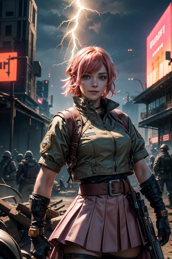 1girl,cowboy shot, beautiful nora_valkyrie, looking at viewer, smile, short hair, blue eyes, heart cutout, gloves, jacket, pink skirt, pink belt, short sleeves, puffy sleeves, single armband, fingerless gloves, short hair, orange hair, pink gloves, dynamic pose, night, lightning, standing on old suspension bridge, river, post-apocalypse, dystopian future, crowd, (crowd in military uniforms), bonfires, (volumetric lighting), best quality, masterpiece, intricate details, tonemapping, sharp focus, hyper detailed, trending on Artstation,