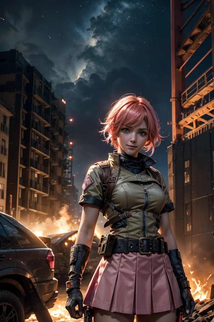 1girl,cowboy shot, beautiful nora_valkyrie, looking at viewer, smile, short hair, blue eyes, heart cutout, gloves, jacket, pink skirt, pink belt, short sleeves, puffy sleeves, single armband, fingerless gloves, short hair, orange hair, pink gloves, dynamic pose, night, lightning, standing on old suspension bridge, river, post-apocalypse, dystopian future, crowd, (crowd in military uniforms), bonfires, (volumetric lighting), best quality, masterpiece, intricate details, tonemapping, sharp focus, hyper detailed, trending on Artstation,