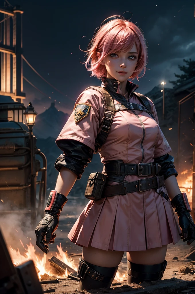 1girl,cowboy shot, beautiful nora_valkyrie, looking at viewer, smile, short hair, blue eyes, heart cutout, gloves, jacket, pink skirt, pink belt, short sleeves, puffy sleeves, single armband, fingerless gloves, short hair, orange hair, pink gloves, dynamic pose, night, lightning, standing on old suspension bridge, river, post-apocalypse, dystopian future, crowd, (crowd in military uniforms), bonfires, (volumetric lighting), best quality, masterpiece, intricate details, tonemapping, sharp focus, hyper detailed, trending on Artstation,