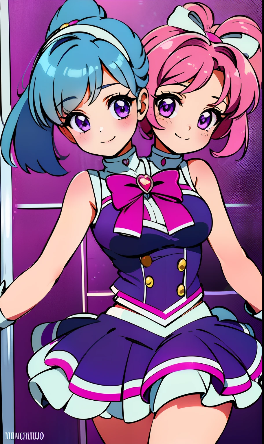 best quality, (masterpiece),(ultra-detailed), (high quality), (high resolution), (2heads:1.5) 1girl, ((hot pink hair)), ((blue hair)), ((different hair colors), purple eyes, hair ornaments, magenta armor chest piece, same hair color, teenage girl, ((violet magical girl)), magical girl, gentle smile, high school background, ((high ponytail)), white collar, midriff revealing top, ((high school background:1.5)), headband,(( sleeveless top)), ((magical girl outfit))