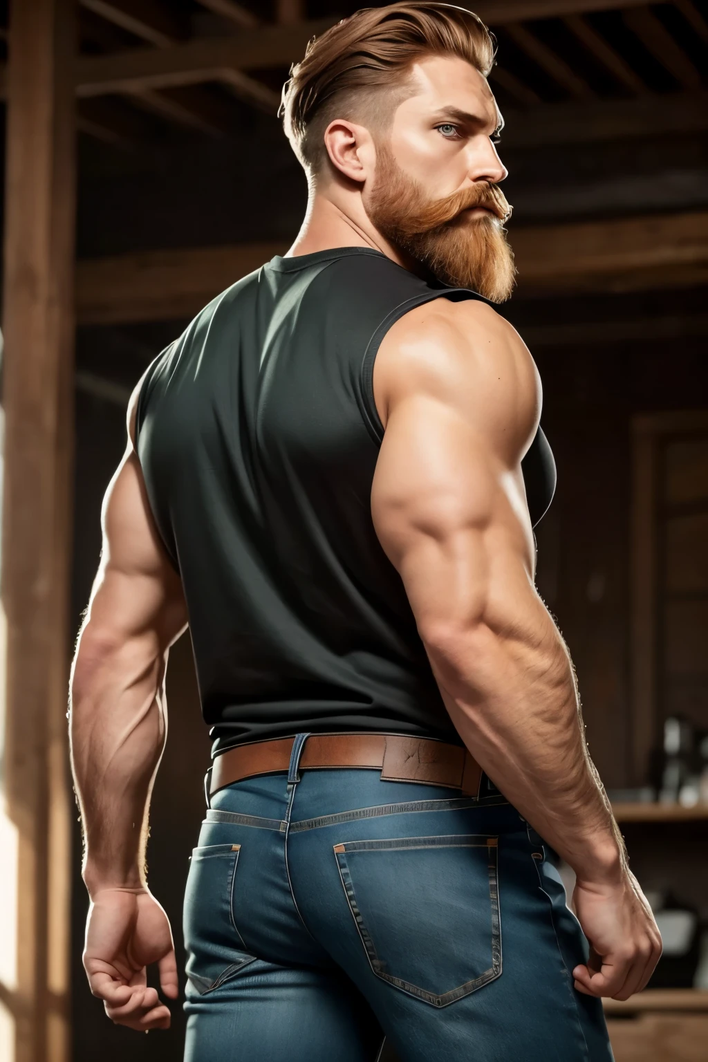 Masterpiece, Best Quality, Ultra-Detailed, muscular, bearded, thick mustache, imposing man [intense look], Intimidating presence, male figure,[imposing shadows],gritty realism, extreme detailed description, wide shoulders, green eyes, detailed eyes, brilliant eyes, handsome eyes, red hair, ginger hair, ginger beard, [chin stubble], imposing silhouette, bright colors, distinctive beard style, sharp focus, Unyielding pose, sense of authority, jeans (((backside)))
