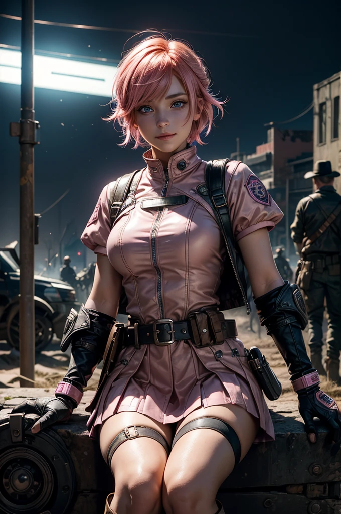  1girl,cowboy shot, beautiful nora_valkyrie, looking at viewer, smile, short hair, blue eyes, heart cutout, gloves,  jacket, pink skirt, pink belt, short sleeves, puffy sleeves, single armband, fingerless gloves, short hair, orange hair, pink gloves, dynamic pose, night, lightning, sitting on old bridge, river, post-apocalypse, dystopian future, crowd, (crowd in military uniforms), bonfires, (volumetric lighting), best quality, masterpiece, intricate details, tonemapping, sharp focus, hyper detailed, trending on Artstation,