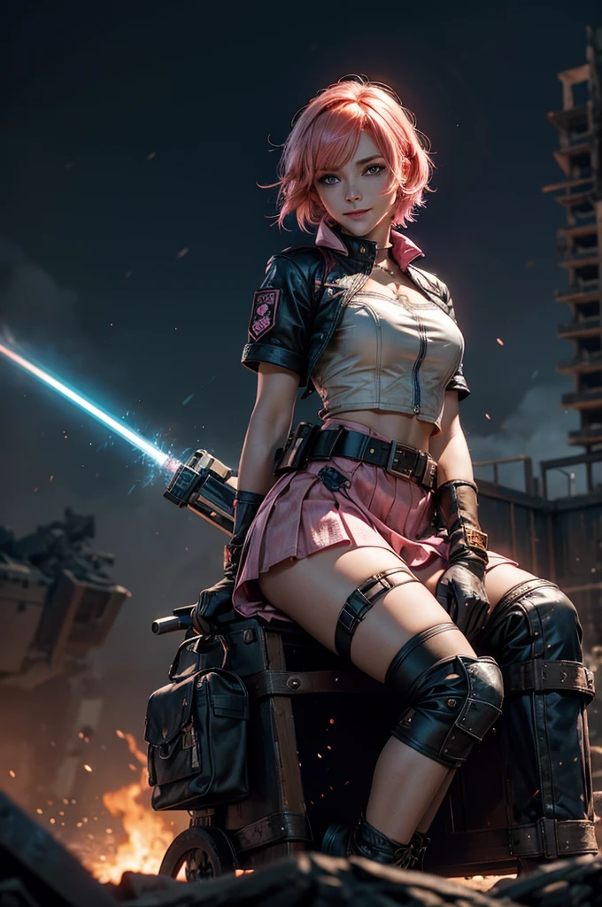 1girl,cowboy shot, beautiful nora_valkyrie, looking at viewer, smile, short hair, blue eyes, heart cutout, gloves, jacket, pink skirt, pink belt, short sleeves, puffy sleeves, single armband, fingerless gloves, short hair, orange hair, pink gloves, dynamic pose, night, lightning, sitting on old bridge, river, post-apocalypse, dystopian future, crowd, (crowd in military uniforms), bonfires, (volumetric lighting), best quality, masterpiece, intricate details, tonemapping, sharp focus, hyper detailed, trending on Artstation,