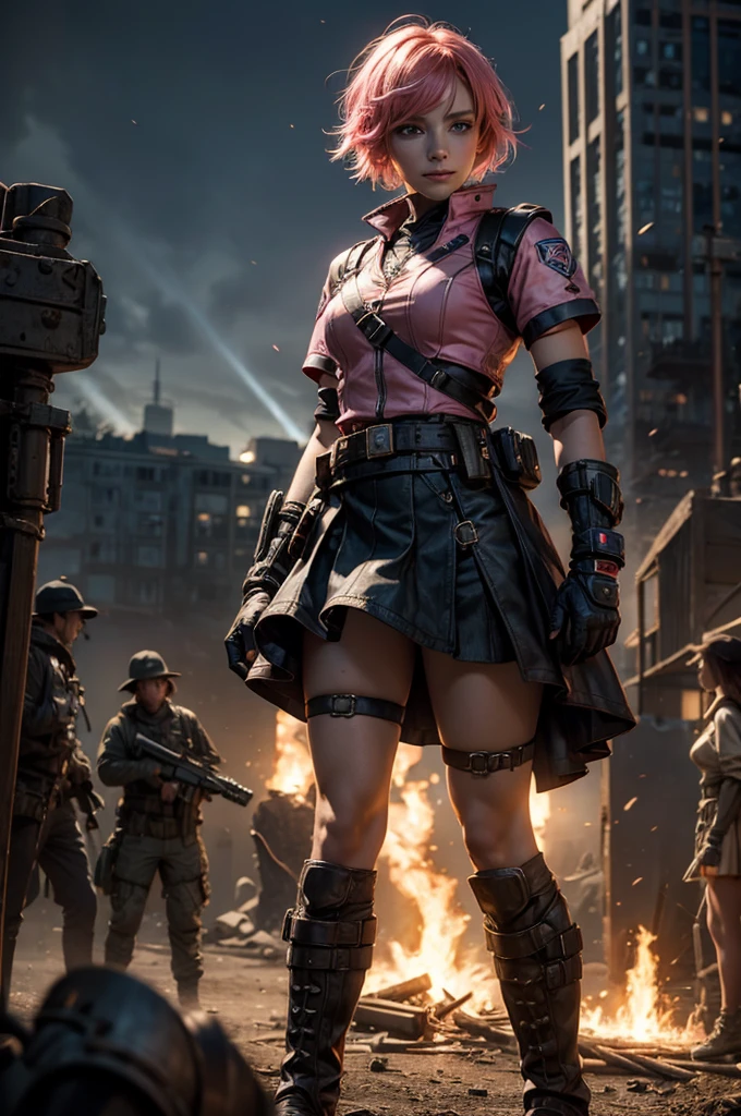  1girl,cowboy shot, beautiful nora_valkyrie, looking at viewer, smile, short hair, blue eyes, heart cutout, gloves,  jacket, pink skirt, pink belt, short sleeves, puffy sleeves, single armband, fingerless gloves, short hair, orange hair, pink gloves, dynamic pose, night, lightning, standing on old suspension bridge, river, post-apocalypse, dystopian future, crowd, (crowd in military uniforms), bonfires, (volumetric lighting), best quality, masterpiece, intricate details, tonemapping, sharp focus, hyper detailed, trending on Artstation,