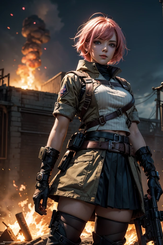  1girl,cowboy shot, beautiful nora_valkyrie, looking at viewer, smile, short hair, blue eyes, heart cutout, gloves,  jacket, pink skirt, pink belt, short sleeves, puffy sleeves, single armband, fingerless gloves, short hair, orange hair, pink gloves, dynamic pose, night, lightning, standing on old suspension bridge, river, post-apocalypse, dystopian future, crowd, (crowd in military uniforms), bonfires, (volumetric lighting), best quality, masterpiece, intricate details, tonemapping, sharp focus, hyper detailed, trending on Artstation,