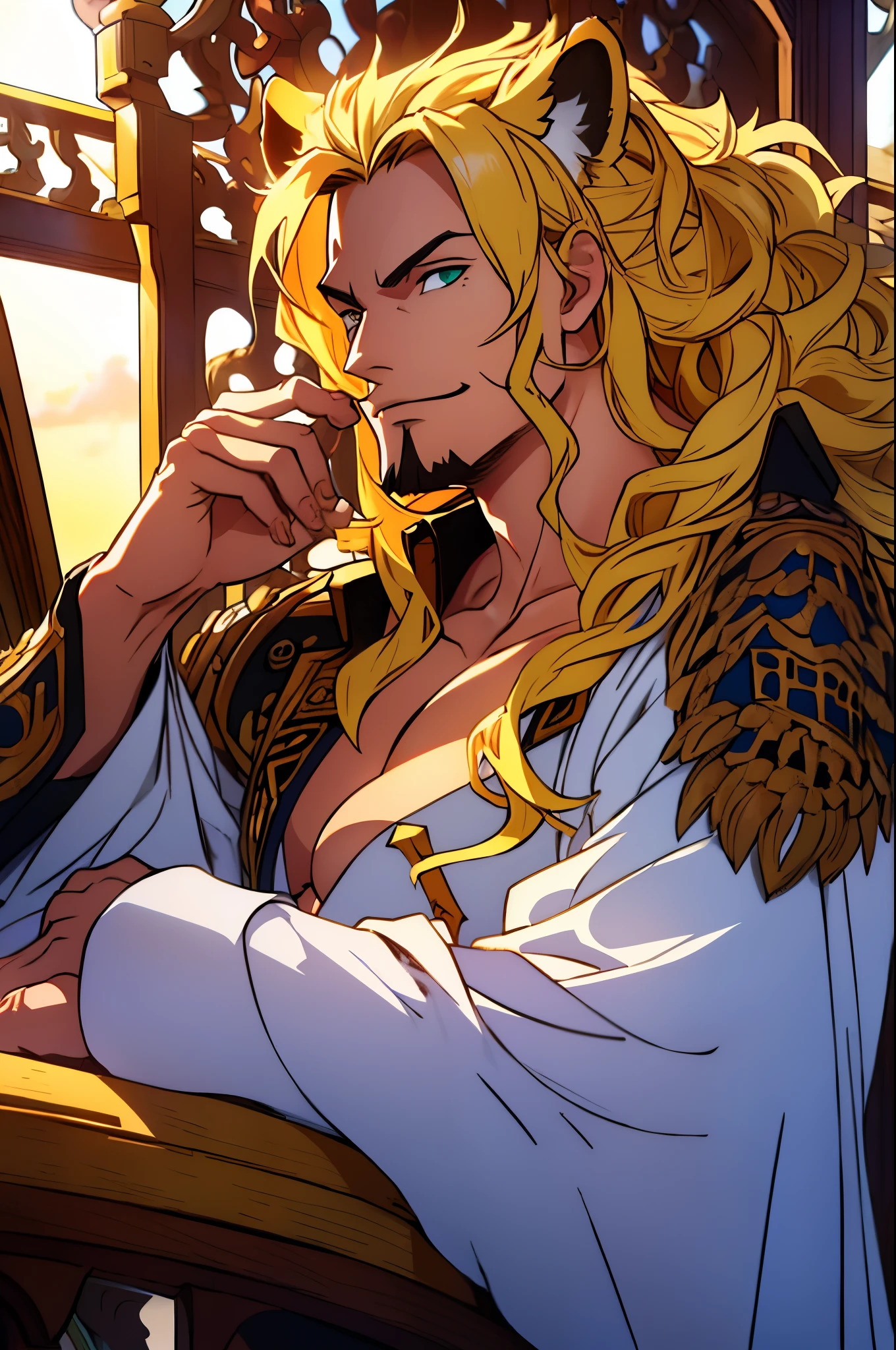 One male, lion ears, very long hair, blond, blond hair, green eyes, tall, ((muscular)), pirate outfit, beautiful face, ((highest quality)), ((masterpiece)), ((2d)), ((anime)), (perfect face), ((highest detail)), (stubble), lion tail, wavy hair, (far shot), (intricate details), ((solo)), ((five fingers)), (detailed eyes), pirate ship background, smile, (film grain), sunrise, photograph, red sunglasses, full body