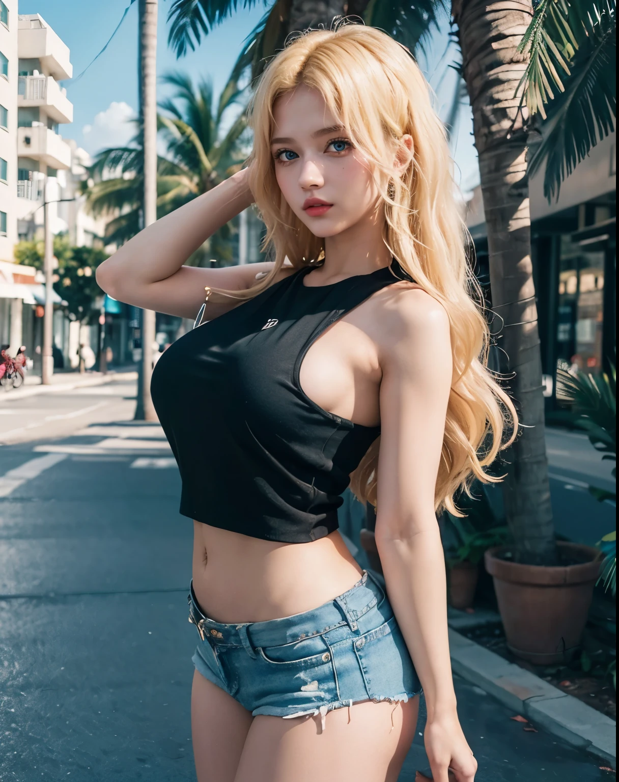 1girl, (Blue Eyes), ( face :1.2), (Sana Minatozaki), wide , big , big , (Best Quality, 8k, Masterpiece: 1.3), Clear Focus: 1.2, Perfect Body Beauty: 1.4, strong abs, Highly detailed face and skin texture, detailed eyes, double eyelids, (blonde long hair :1.2), (black tanktop), (black mini shorts),  shoulders, standing, dynamic pose, on the streets of miami, palm trees and bars in the background, blurred background