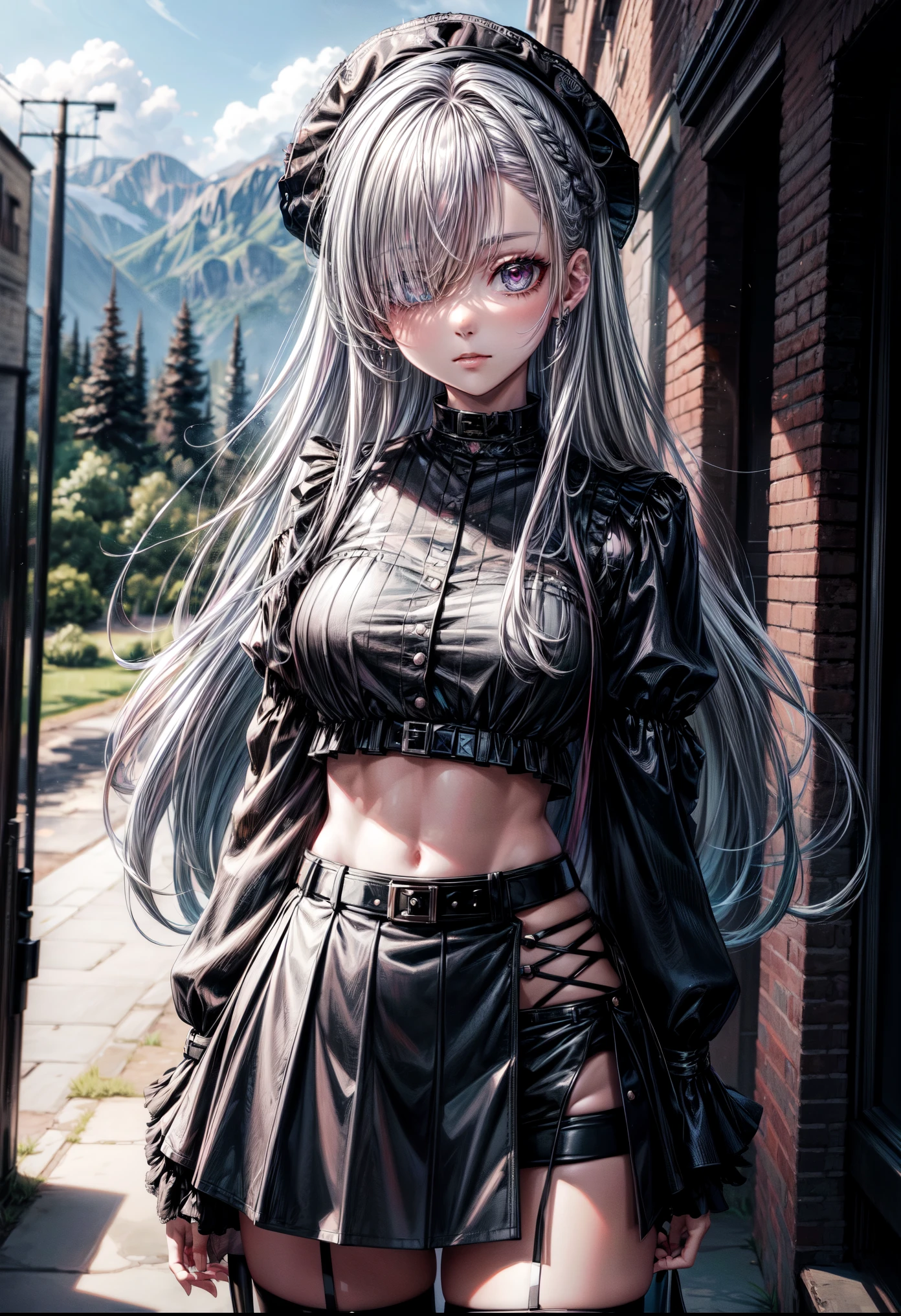 masterpiece, best quality, centered, cowboy shot, highres, Elizabeth, 1girl, jewelry, single thighhigh, (long silver hair, hair over one eye), midriff, black skirt, asymmetrical legwear, pink shirt, black thighhighs, belt, miniskirt, landscape, standing, standing, portrait, upper body