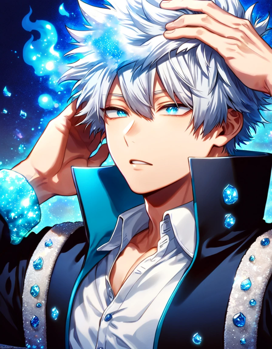 absurdres, highres, ultra detailed, HDR, master piece, best quality, Todoroki Touya, white hair spiked around his head, expressive turquoise eyes, Boku no hero academia, solo, sexy man, handsome, magical, fantasy, black coat with high collar, white shirt, blue flames background, blue roses, shining, blue petals, blue glittering fireflies, blue fire