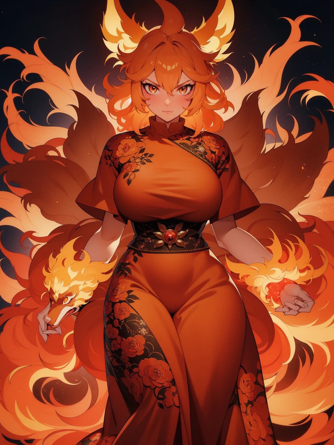 REALISTIC VISION 1.4, BETTER VAE,sharp focus, ultra detail, 32k,realistic photo, intricate details, kitsune, orange hair, oranfe eyes, intricate details ,woman, nine tails, intricate details,intricate details,big , Voluptuous body, intricate details, Miko, clothes long white dress with red details intricate details, tattoos intricate details, full body, with a orange nine tails fox , kiuubi (kurama, naruto), angry face