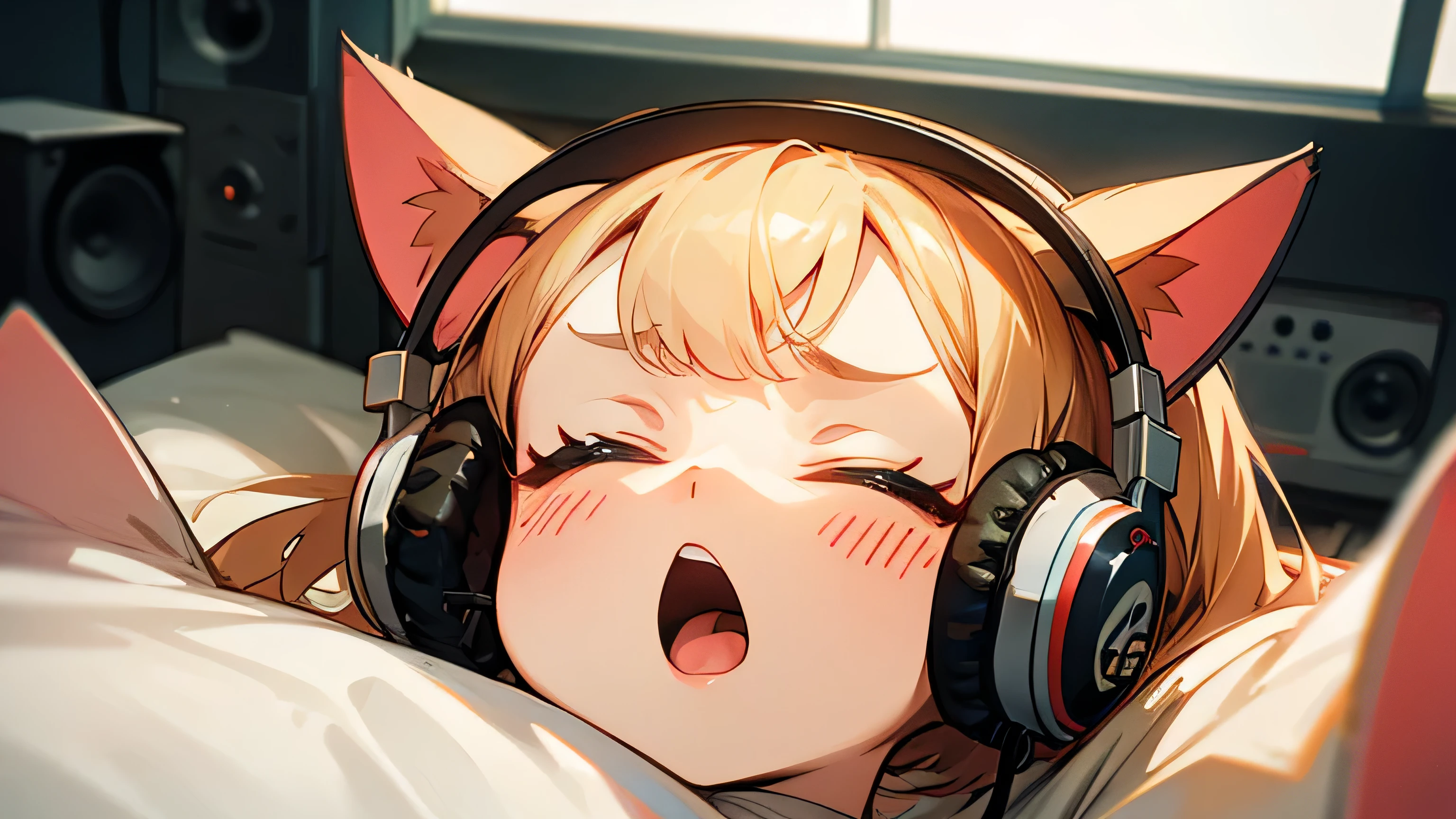 Room with speakers、Cat with headphones、Face close-up、Yawn