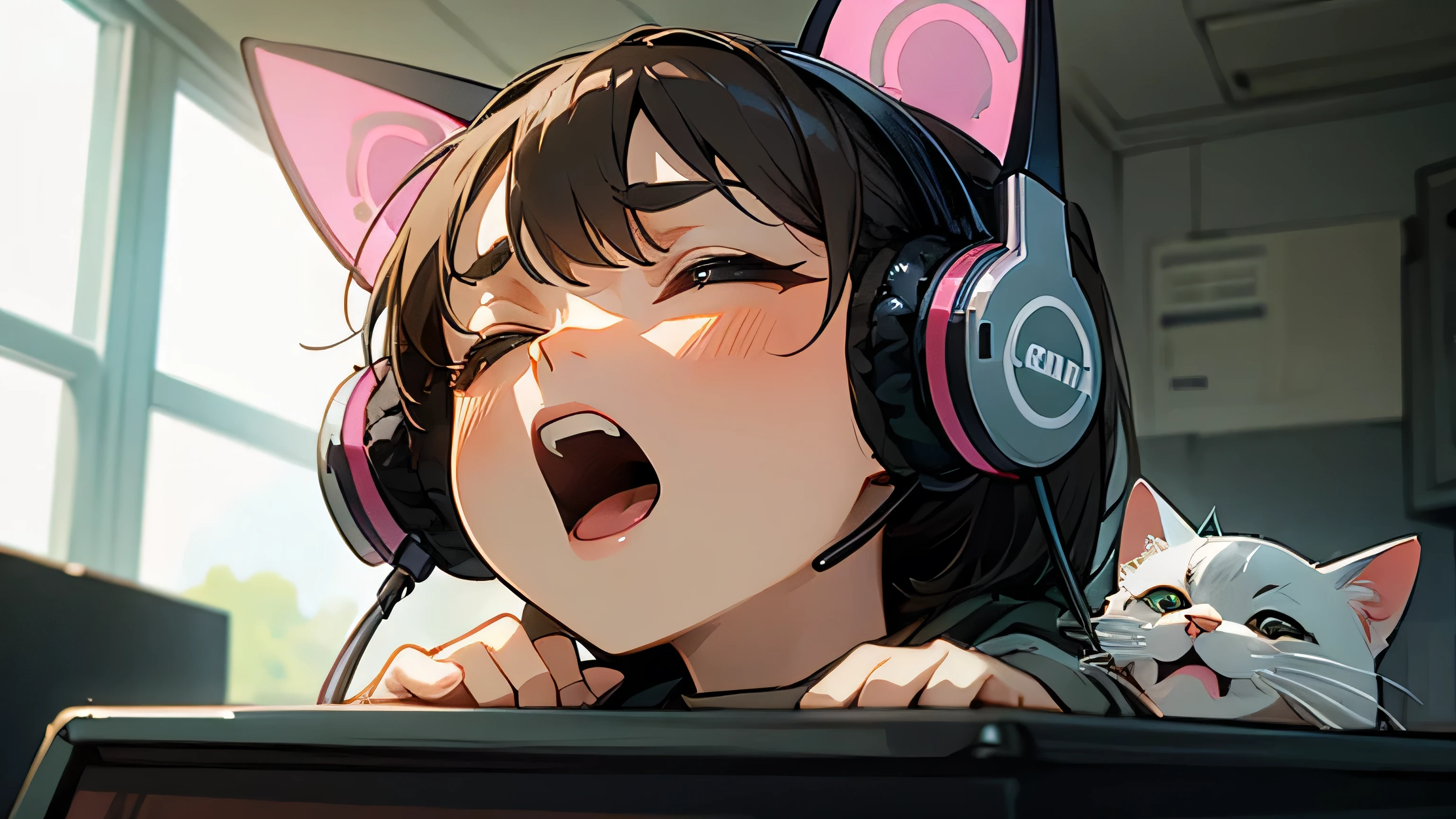 Room with speakers、Cat with headphones、Face close-up、Yawn
