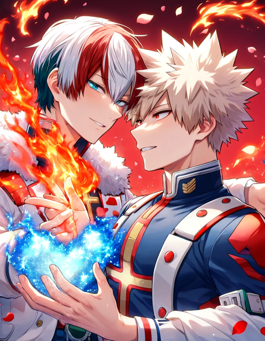 Ultra detailed, Highres, absurdres, HDR, Todoroki Shouto, bicolored hair, white right side hair, red left side hair, expressive blue eyes, Bakugo Katsuki, ash blond hair, expressive red eyes, red flowers, Boku No Hero Academia, petals, handsome, two sexy man together, gay couple, yaoi, love, very detailed eyes and face, glittering red butterflies, master piece, toned chest, glittering, fantasy, cross, red background, red flames, magical, fire, uniform, smiling