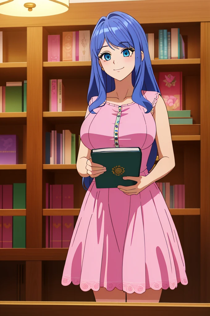 (8k, RAW photo, best quality, masterpiece:1.2), (intricate details), perfect eyes, perfect face, perfect lighting, beautiful, (masterpiece:1.2), (best quality:1.2), 1girl, solo, marinette, blue hair, ((loosen hair)), adult torso, 19 years old, slight smile, huge sized breasts, ( in pink dress, ) library, holding books,