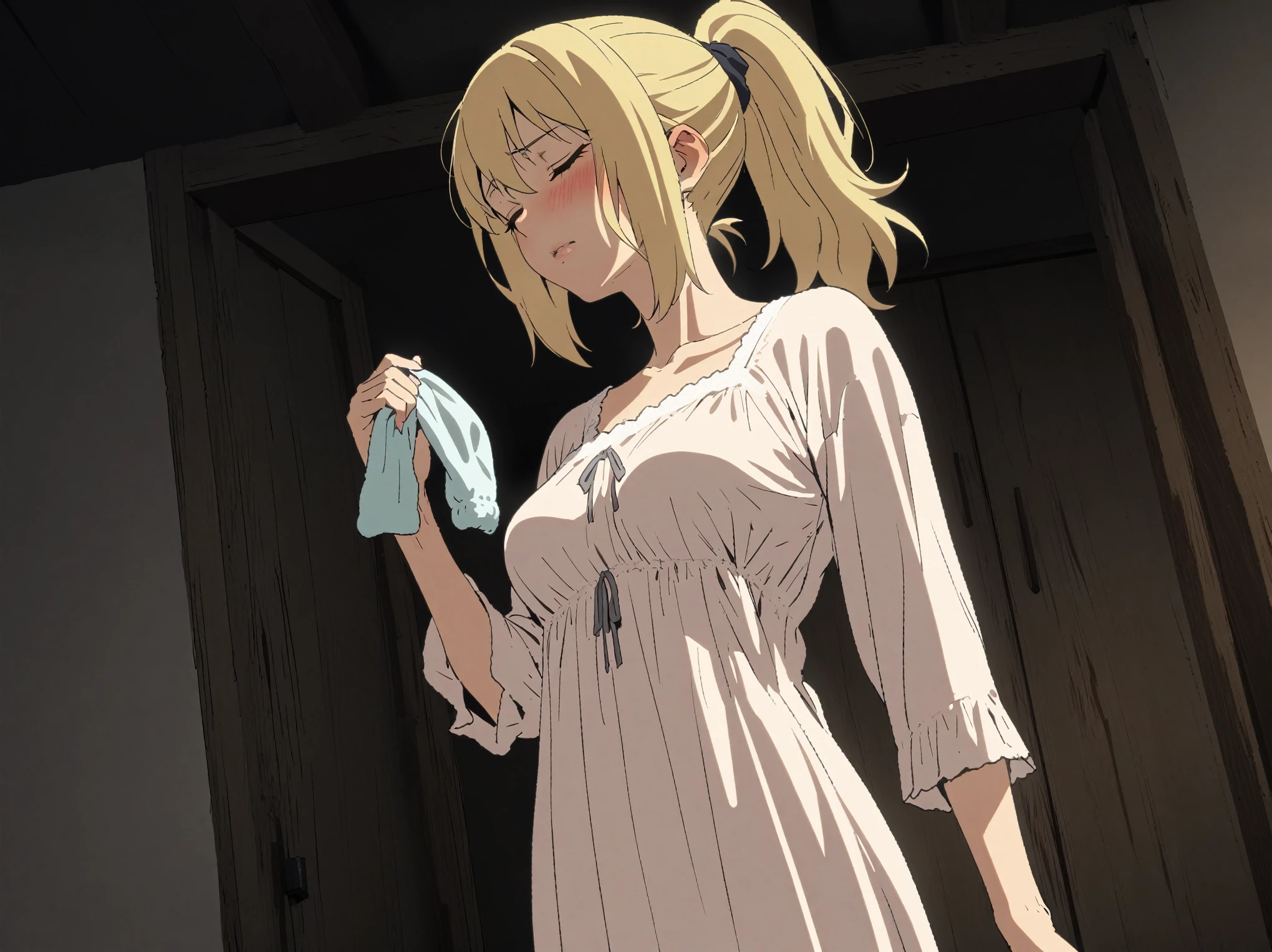 {{cowboy shot, dutch angle}} {{Artist: Sincos}} 1girl, solo, toned female, mature female, medium breasts, blonde hair, medium hair, short ponytail, high ponytail, closed eyes, lips, nightgown, smelling sock, yandere, half-closed eyes, indoors, bedroom, dark, standing, medieval fantasy.