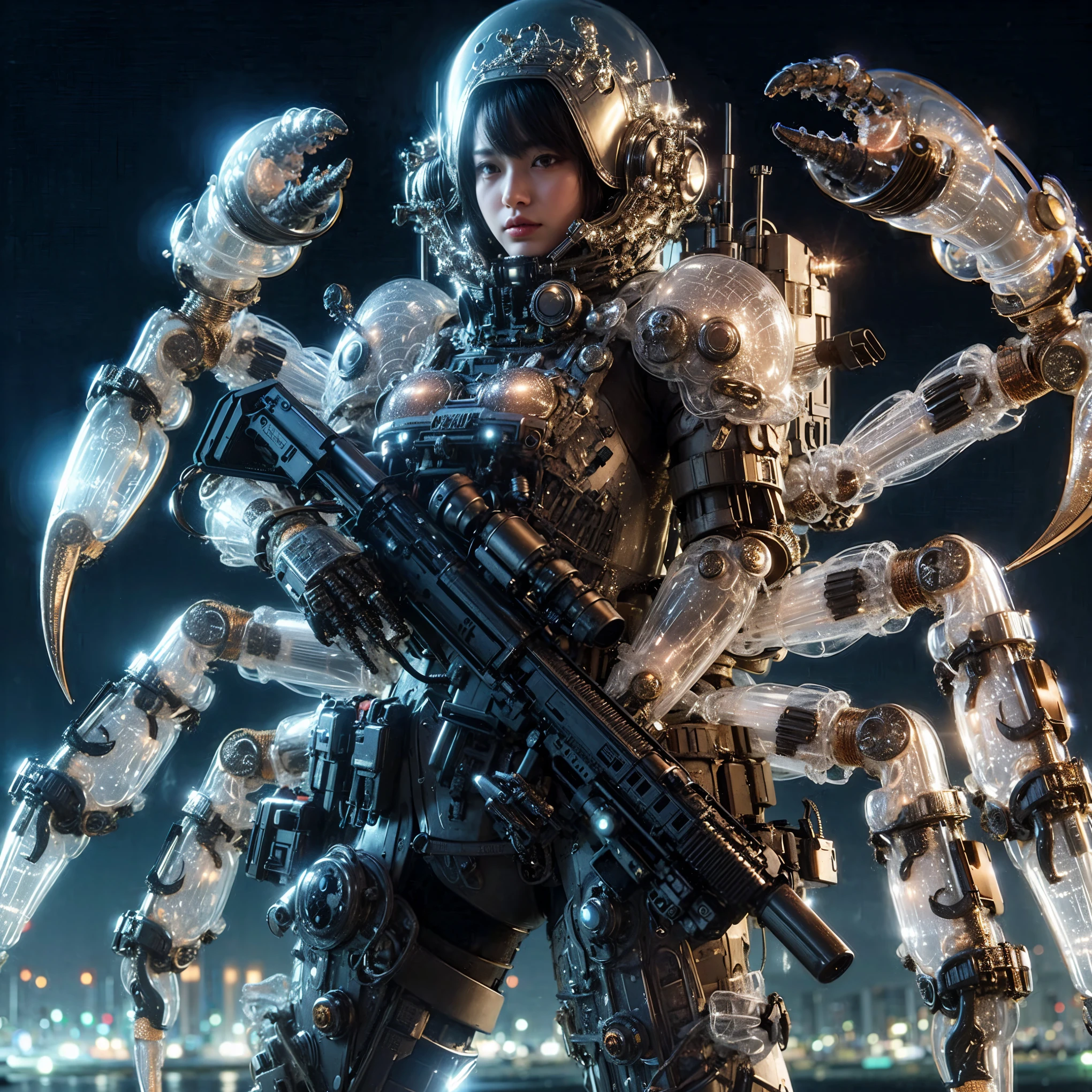 (extremely intricate all details)、(extremely realistic all Texture) 、glossy Texture、Navy blue heavy mechanical armor resembling a pillbug, designed by Hajime Katoki、1 person、Beautiful female soldier、Multi-legged、Heavyweight、Heavy Armor、Firearms、Ultra-realistic、Full Body Shot、Night view of the bayside industrial area、Spotlight lighting to illuminate characters、Please generate at least 4 copies.