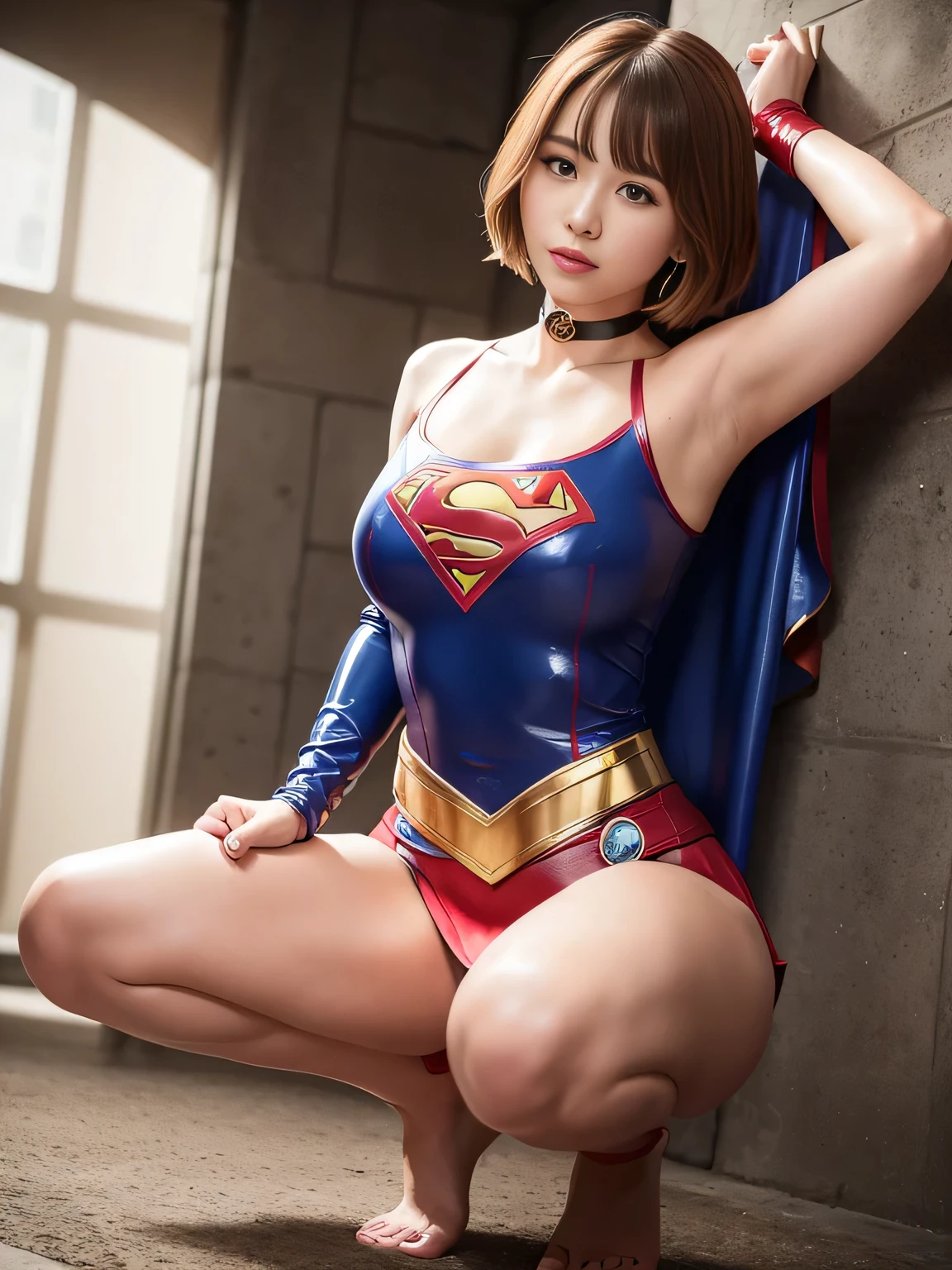 masterpiece、Supergirl Costume、short hair、barefoot、Big and ample breasts、Crisis situation、Complete surrender、Inside the prison、torture chamber、Abused、Humiliating torture、Squatting Pose、shiny sweaty skin、looking at the camera、choker、Long sleeve、Sexy poses to seduce、Off the shoulder、latex、from right in front、Splits、