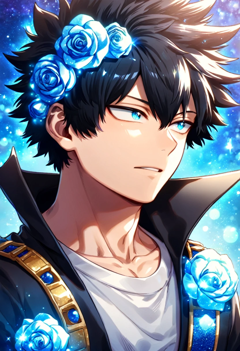 absurdres, highres, ultra detailed, HDR, master piece, best quality, Todoroki Touya, black hair spiked around his head, expressive turquoise eyes, Boku no hero academia, solo, sexy man, handsome, magical, fantasy, black coat with high collar, white shirt, blue flames background, blue roses, shining, blue petals, blue glittering fireflies, blue fire