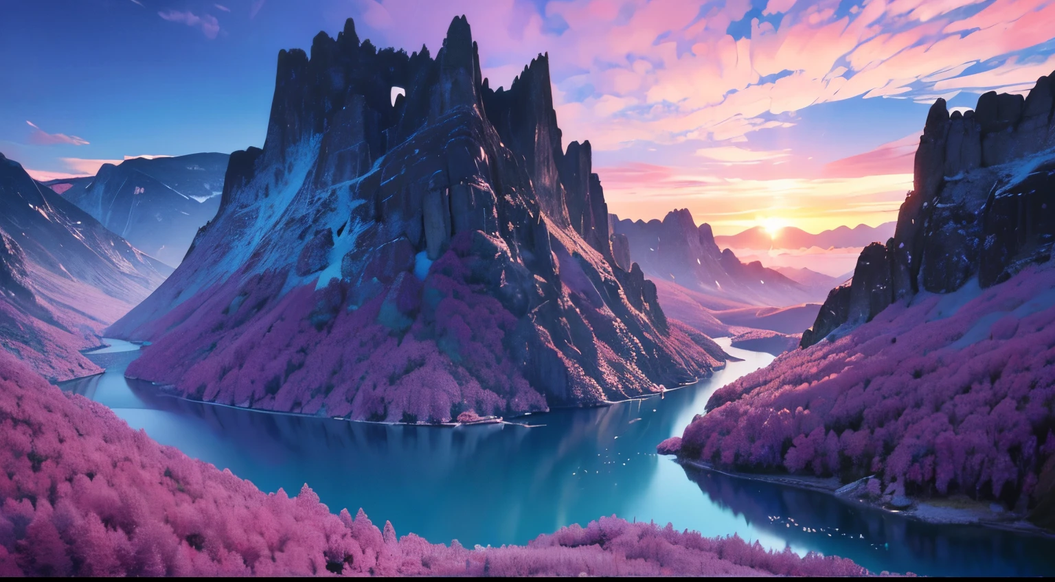 Fantasy World、Pink Sky、Pink sea、Mountain、valley、3D、Pink world、kind、Views with depth、Fantastic scenery、Pink Moon、3D、Mountainから流れるピンク色の滝、