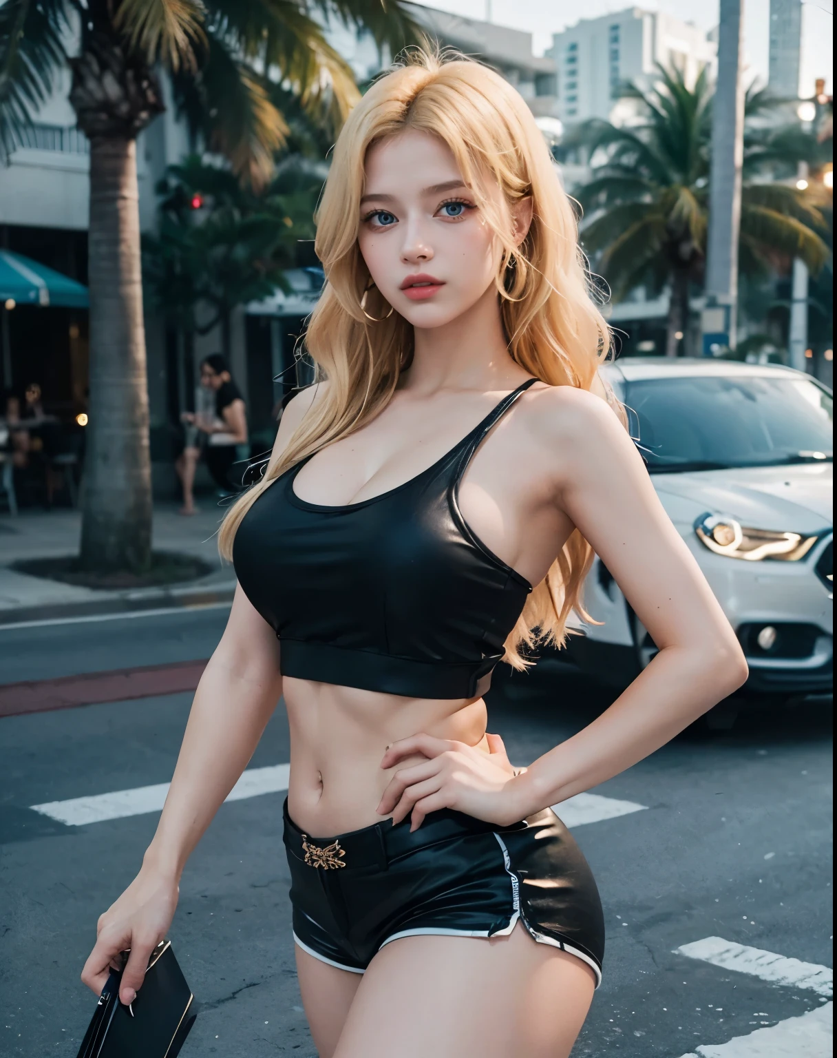1girl, (Blue Eyes), (seductive face :1.2), (Sana Minatozaki), wide hips, big tits, big ass, (Best Quality, 8k, Masterpiece: 1.3), Clear Focus: 1.2, Perfect Body Beauty: 1.4, strong abs, Highly detailed face and skin texture, detailed eyes, double eyelids, (blonde long hair :1.2), (black tanktop), (black mini shorts), bare shoulders, standing, dynamic pose, on the streets of miami, palm trees and bars in the background, blurred background