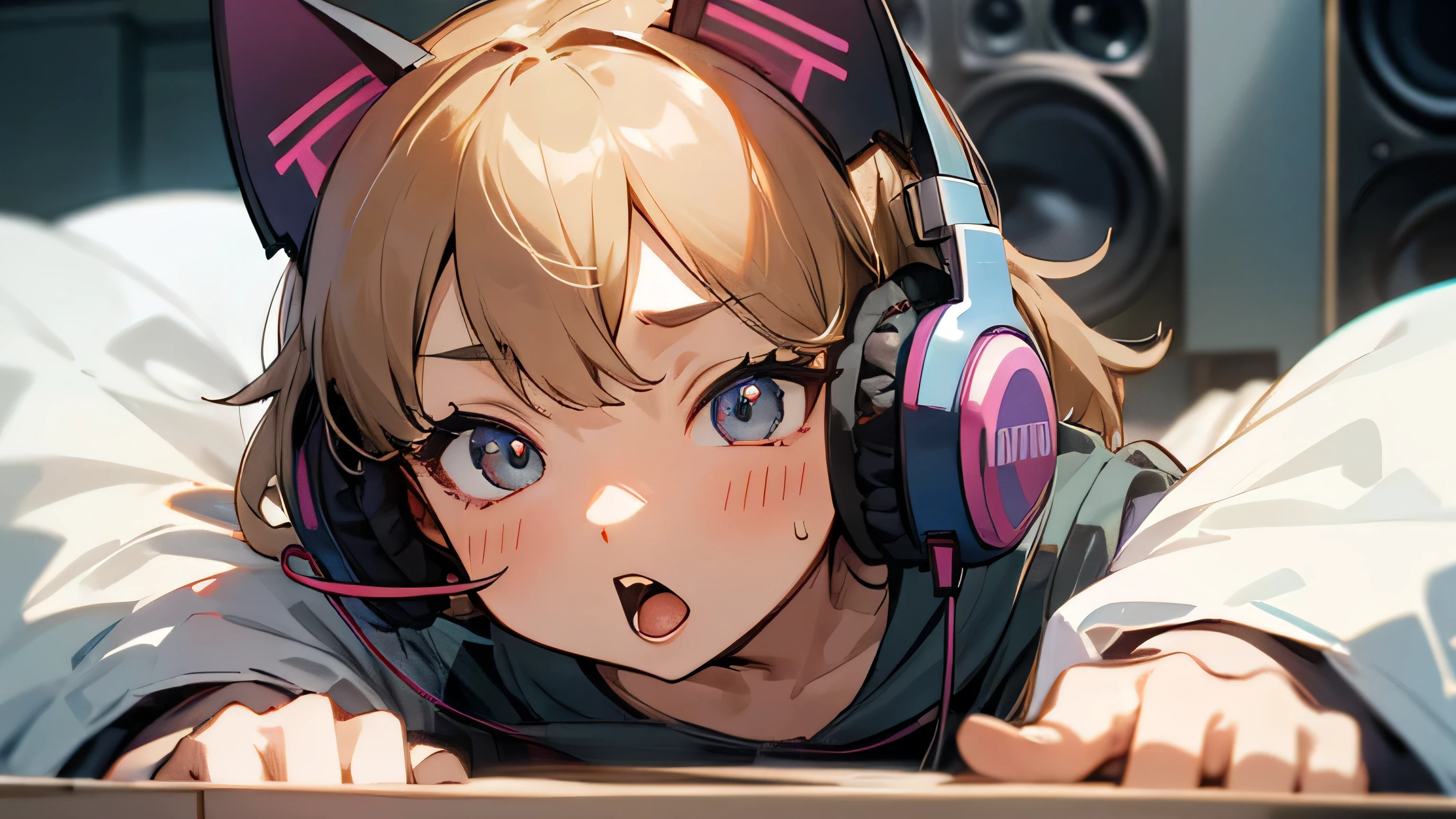 Room with speakers、Cat with headphones、Face close-up、Yawn