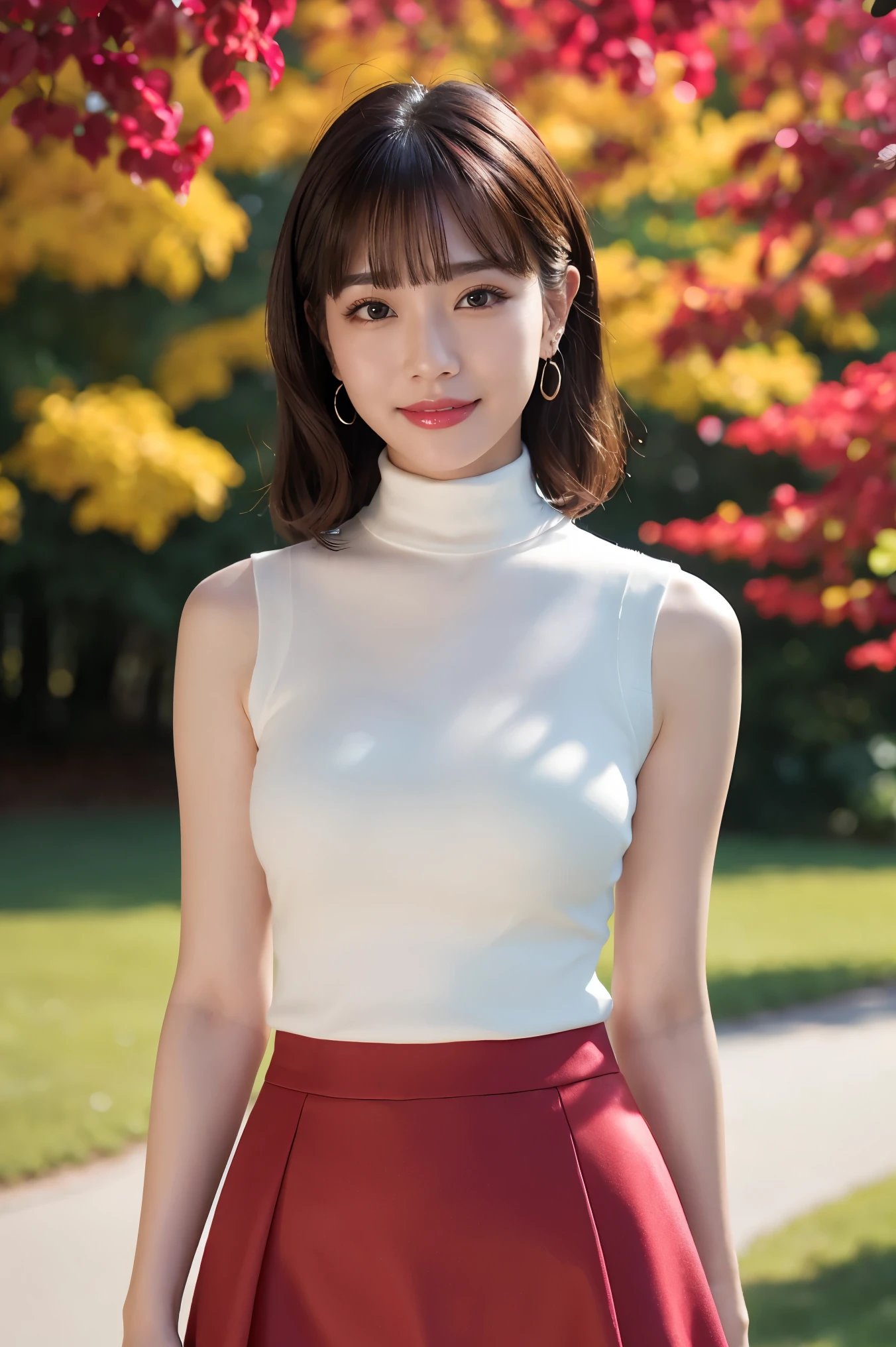 (highest quality、Tabletop、8k、Best image quality、Award-winning works)、One beautiful woman、Age 25、(alone:1.1)、Perfect beautiful composition、(Breasts so big that they almost burst:1.1)、(Exactly:1.1)、(Accentuate your body lines:1.1)、(Very short hair:1.1)、(Perfect center-parted bangs:1.1)、Slender body、(Perfect white turtleneck sleeveless knit sweater:1.2)、(Elegant red melton skirt:1.2)、(Red Melton Mini Skirt:1.1)、(Wrinkle-free skirt:1.2)、(Boldly exposes beautiful bare thighs:1.2)、(Full body photo:1.2)、Look at me and smile、(Blurred Background:1.1)、(Highly blurred and precise city park background:1.1)、Standing Elegantly、Droopy eyes、Natural Makeup、Ultra-high definition beauty face、Ultra HD Hair、Ultra-high definition sparkling eyes、(Ultra-HD shining white skin:1.1)、Ultra-high quality glossy lips、Accurate anatomy、(very bright and vivid:1.1)