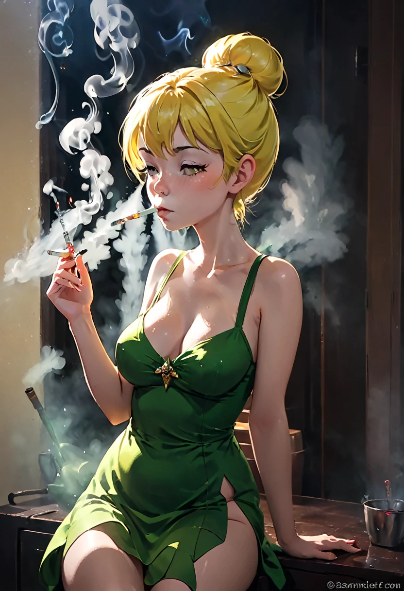 tinkerbell rapidly smoking cigarettes while masturbating, touching pussy, hand on pussy, sucking very hard on cigarette, the cigarette ash is growing very long, very long cigarette asdh, nose exhale, deeply inhaling, lots of cigarette ash, exhaling smoke through nostrils, smoke coming out of nostrils, short green dress, yellow hair, bun,