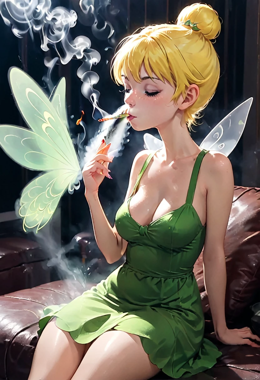 tinkerbell rapidly smoking cigarettes while masturbating, touching pussy, hand on pussy, sucking very hard on cigarette, the cigarette ash is growing very long, very long cigarette asdh, nose exhale, deeply inhaling, lots of cigarette ash, exhaling smoke through nostrils, smoke coming out of nostrils, short green dress, yellow hair, bun,