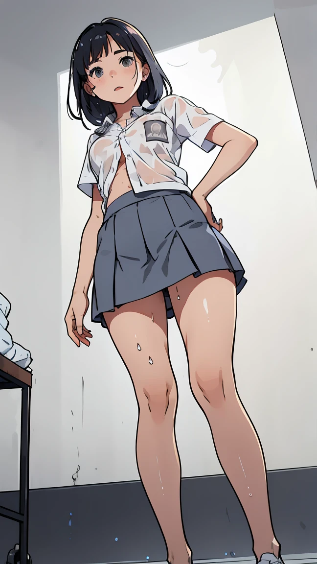 NSFW, girl standing with hands on hips、petit,skinny slender, small ,open your legs wide、high , wet transparent white short shirt, Her Nipplesng out on the clothes、No bra, No panties, Her H Pussy are fully visibrough her grey skirt, Shot from below