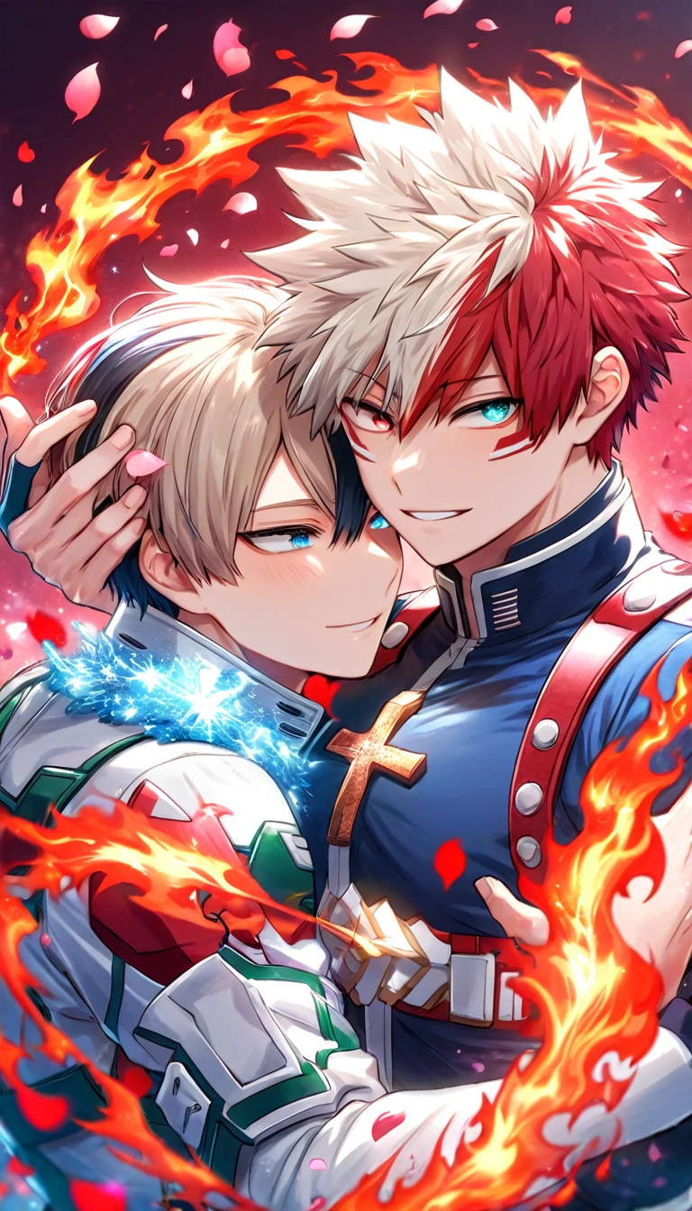 Ultra detailed, Highres, absurdres, HDR, Todoroki Shouto, bicolored hair, white right side hair, red left side hair, expressive blue eyes, Bakugo Katsuki, ash blond hair, expressive red eyes, red flowers, Boku No Hero Academia, petals, handsome, two sexy man together, gay couple, yaoi, love, very detailed eyes and face, glittering red butterflies, master piece, toned chest, glittering, fantasy, cross, red background, red flames, magical, fire, uniform, smiling