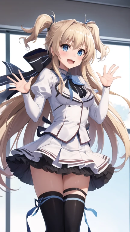 masterpiece, best quality, highres, 1girl, solo, long hair, blonde hair, two side up, (hair ribbon:1.1), blue eyes, neck ribbon, , white jacket, juliet sleeves, long sleeves, white skirt, thigh ribbon, black thighhighs, classroom, smile, open mouth, waving