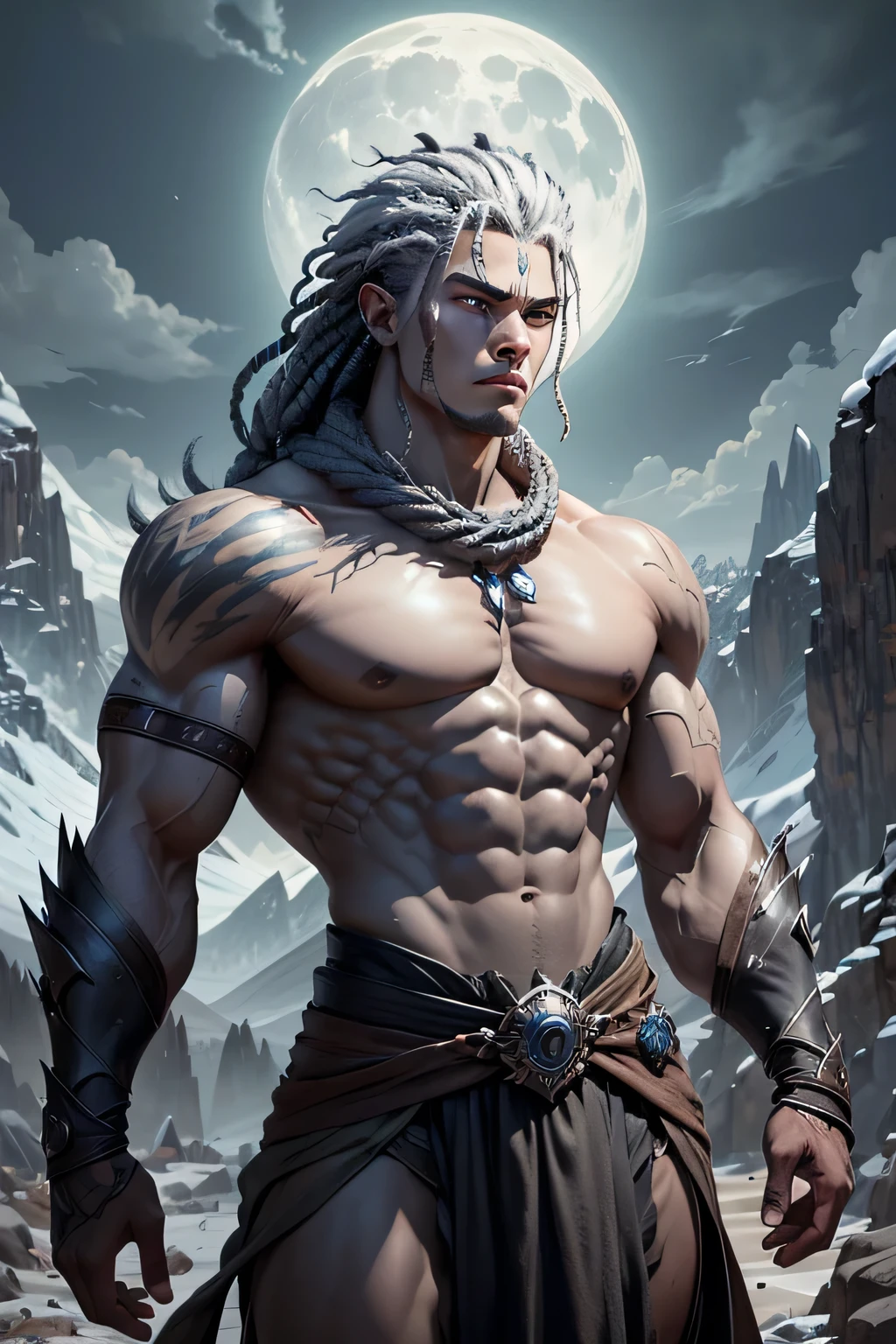 In the heart of a rugged mountain range, a formidable Earth Genasi warrior stands tall amidst the rocky terrain, his skin the color of weathered granite and his eyes like polished moonstones, glowing with an intense, otherworldly light. With braided hair resembling the sturdy roots of ancient trees, he exudes an aura of indomitable strength. Describe the scene as this mighty Earth Genasi warrior, with his steely gray complexion and piercing white gaze, faces his greatest challenge yet, battling foes amidst the rugged peaks and valleys, channeling the raw power of the earth itself to emerge victorious, ::grey skin