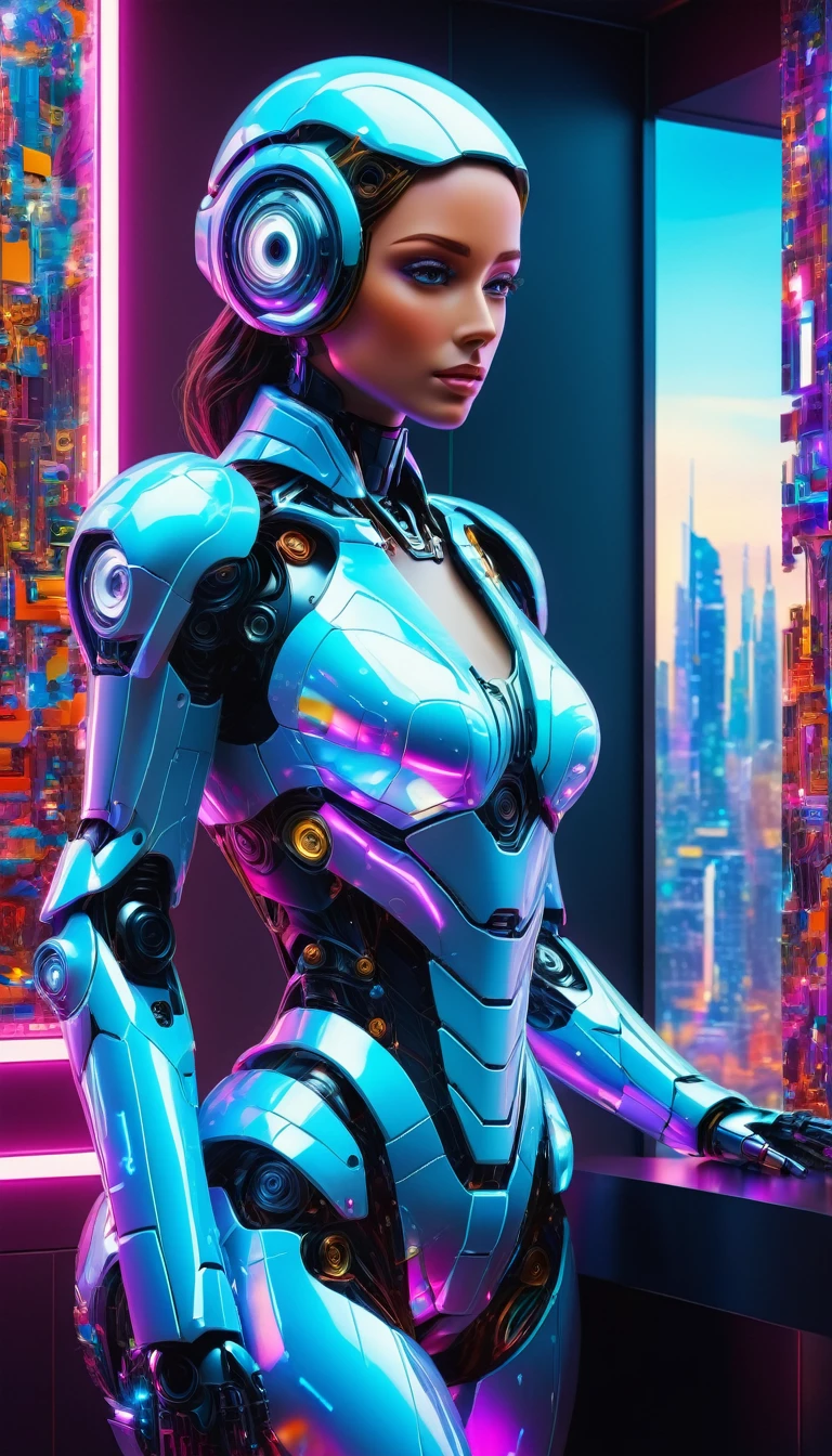 A female robot stands in the private reception area, Surrounded by the stunning skyline of a bustling metropolis. The room is decorated with avant-garde art installations, Brighten up a space with vibrant colors and dynamic patterns. The robot is dressed luxuriously, The futuristic outfit accentuated her slender figure, Perfectly proportioned body. Her figure is carved with intricate details, A magnificent structure that showcases the wonders of technology. The focus is mainly on her upper body, The frame is elegantly cut at the waist, Highlighting her slender figure and graceful curves.

Her face exudes an ethereal beauty, A blend of sophisticated mechanical features and perfect human features. Fascinating eye details, Carefully crafted，A blend of vibrant colors and surreal textures. They shine with mysterious charm，They fascinate anyone who gazes upon them.. Well-defined lips, Showing softness, The natural hue complements her overall look. The robot&#39;s skin tone has an ultra-fine natural skin texture, Soft light illuminates, The diffused light highlights her perfect complexion.

The room is bathed in stunning HDR lighting, Through the perfect balance of shadows and highlights，Create a dreamy atmosphere. Emphasize intricate details of the surrounding environment through ultra-detail technology, See every small detail with stunning clarity. The textures and materials of the room are rendered with great precision, Showcasing a variety of luxurious surfaces, From smooth glass panels to reflective metal trim.

The overall mood of the image is a blend of futuristic decadence and sophistication. Bright and vivid colors, A touch of surrealism，Adds depth and visual interest to the scene. Carefully arranged composition creates a sense of balance, Become the focal point of a spectacular city view.