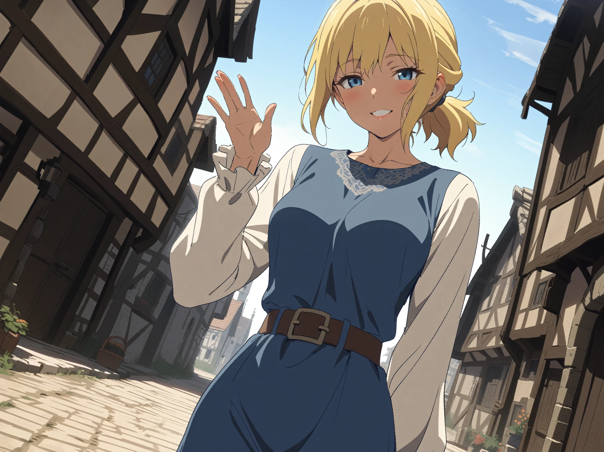 {{cowboy shot, dutch angle}} {{Artist: Sincos}} 1girl, solo, toned female, mature female, medium breasts, blonde hair, medium hair, short ponytail, high ponytail, blue eyes, lips, blue tunic, white sleeves, white pants, leather belt, yandere, sweet smile, half-closed eyes, outdoors, town, waving at viewer , looking at viewer, standing, medieval fantasy.