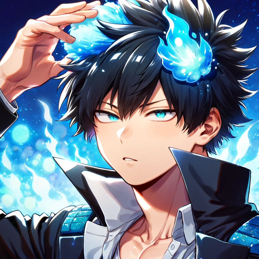 absurdres, highres, ultra detailed, HDR, master piece, best quality, Todoroki Touya, black hair spiked around his head, expressive turquoise eyes, Boku no hero academia, solo, sexy man, handsome, toned chest, magical, fantasy, black coat with high collar, white shirt, blue flames background, shining, blue petals, blue glittering fireflies, blue fire