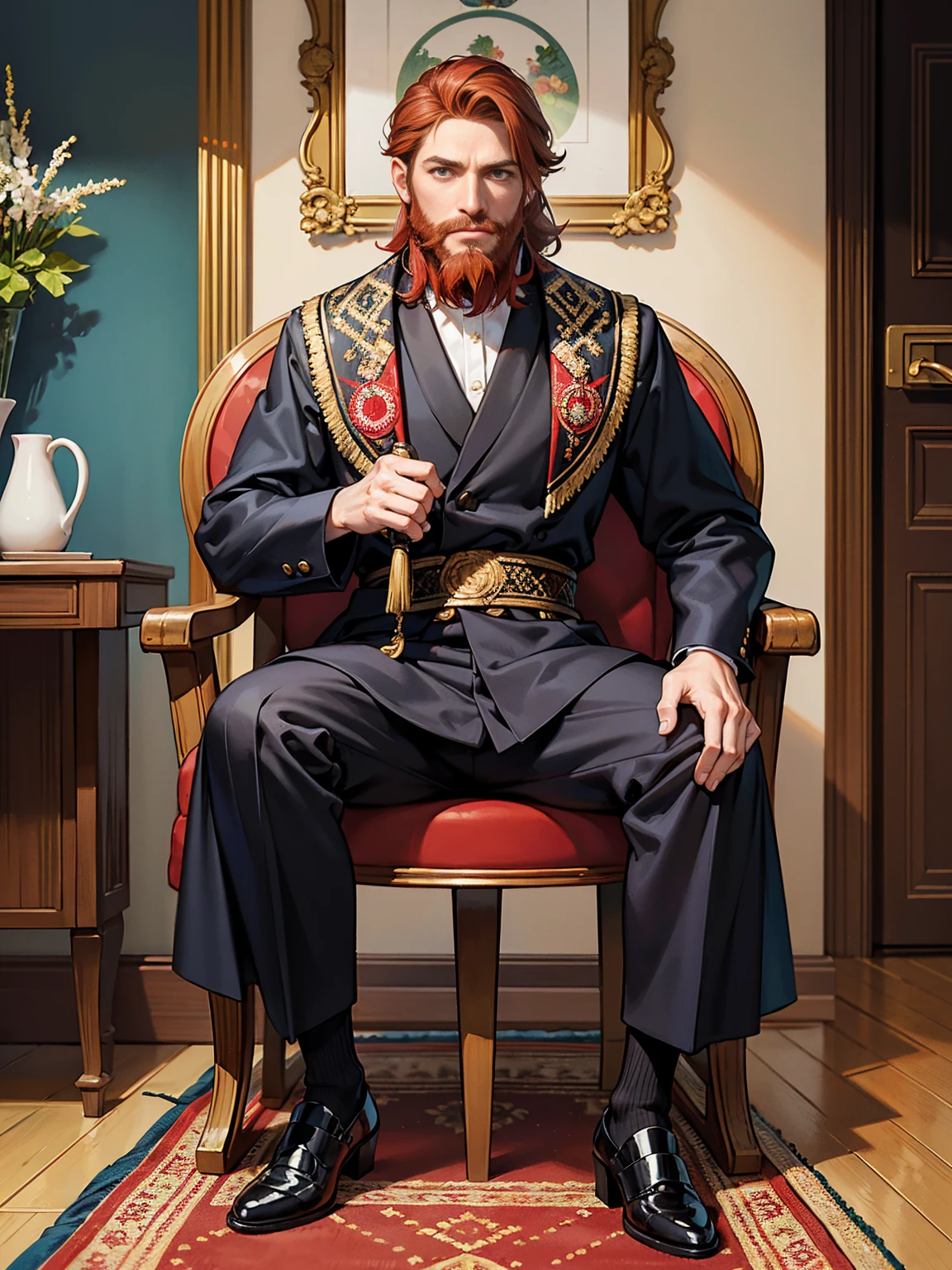 mejor calidad, better resolution, obra maestra, ultra detallado, correct anatomy, cuerpo perfecto, SOLO(1 hombre), tiro de cuerpo completo, ojos azules(ojos detallados, high resolution, ultra detallado), European mature redhead brown, barbudo, chestnut red beard, Ropa hombre religioso, zapatos negros elegantes, sentado sobre una silla de madera, un taller de alquimia alrededor de fondo, colores vivos