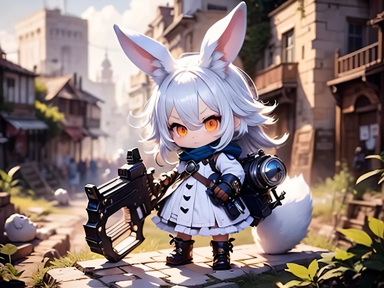 quality\(8k,wallpaper of extremely detailed CG unit, ​masterpiece,hight resolution,top-quality,top-quality real texture skin,hyper realisitic,increase the resolution,RAW photos,best qualtiy,highly detailed,the wallpaper,golden ratio\), BREAK ,solo,1female\((chibi:1.8),cute,kawaii,,(white hair:1.7),(very long hair:1.7),bangs,(ear\(fluffy white rabbit-ear\):1.3),(only 1small rabbit-tail at hip:1.2),(red eye),big eye,beautiful shiny eye,skin color white,big hairbow,(combat suit\(very tight,frilled,weapons\)),breast,shooting and aiming a laser gun to giant monster cat\), BREAK ,background\(city of Rubble,giant cats are destroying the city\),(close up female)