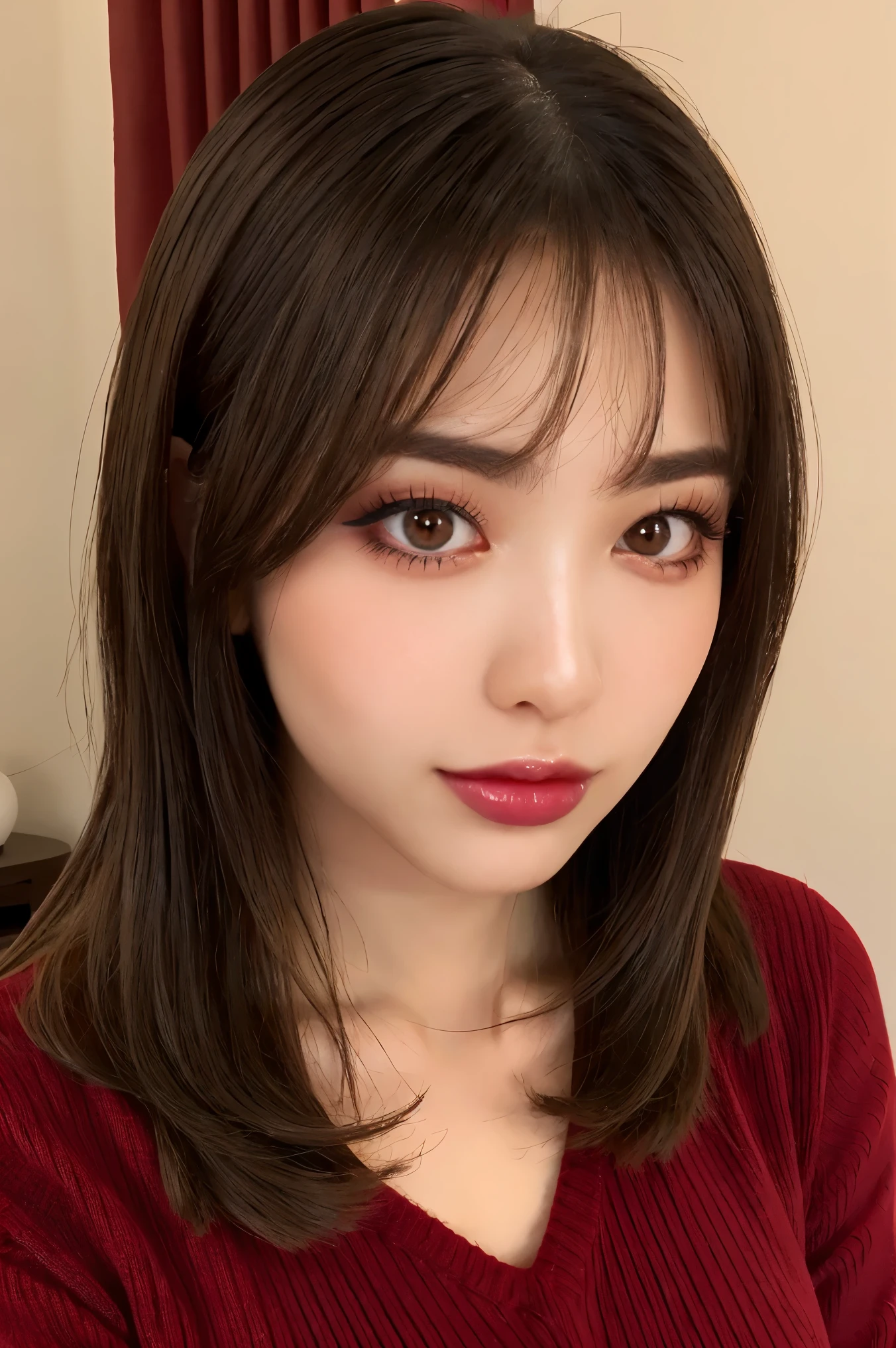 (highest quality、Tabletop、8k、Best image quality、Award-winning works)、One enchanting beauty、(Perfect V-neck long knit red sweater:1.3)、Red eyeshadow、Perfect Makeup、Long eyelashes、Ultra-high definition sparkling eyes、Ultra HD Hair、Glossy lipstick、Ultra High Resolution Glossy Lips、Beautiful face in ultra-high definition、Brown Hair、Big Breasts、Cleavage、Accurate anatomy、(Face close-up:1.4)、Luxury Love Hotel、(The most atmospheric and warm lighting:1.1)、(Strongly blurred luxury love hotel background:1.2)