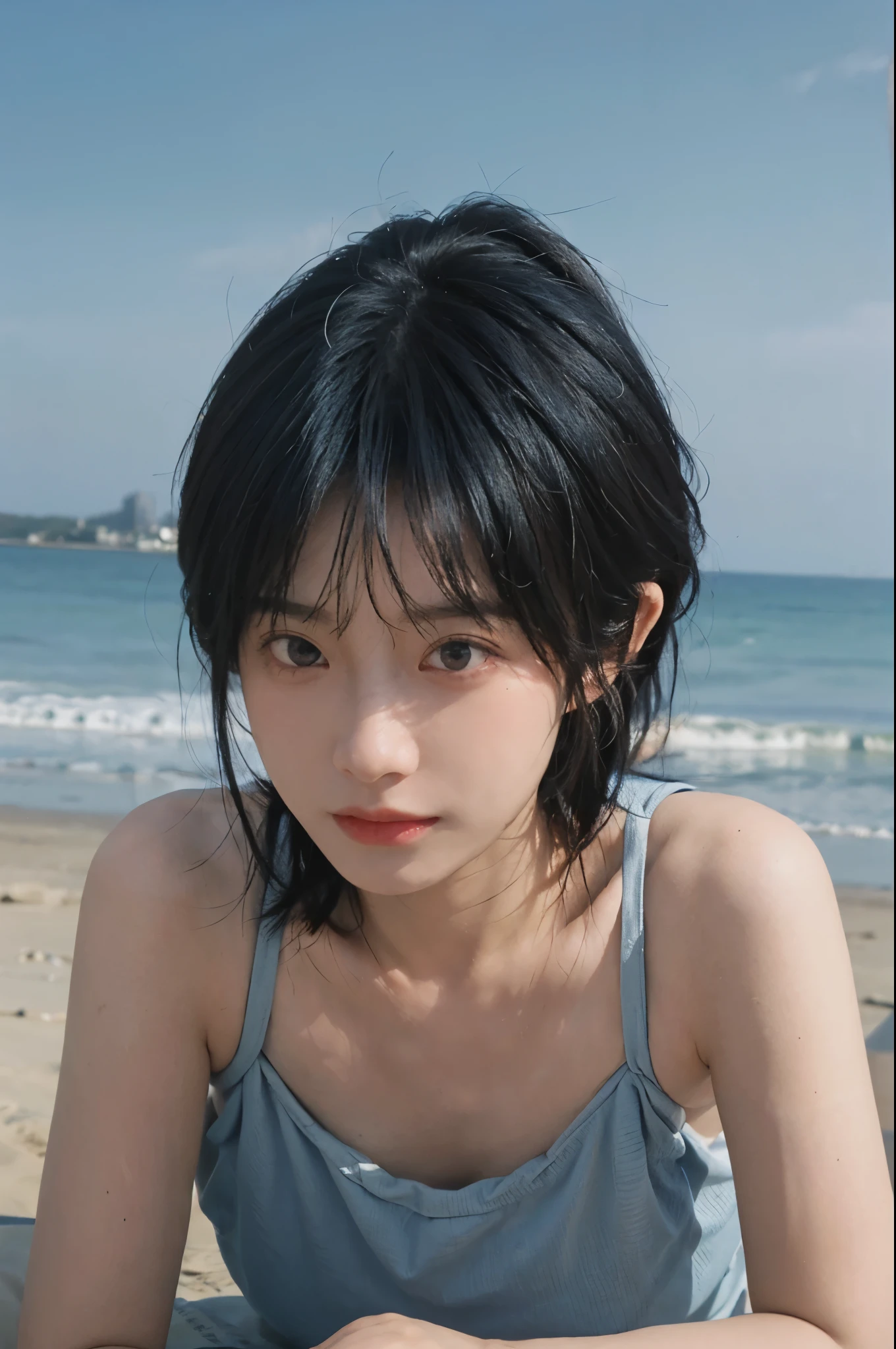 Best quality,Ultra-high resolution,(lifelike:1.4),Cute hairpin,2girll,Short blue hair,jk,Big breasts:1.4,Blush,Slim beauty:1.4,Visible abdominal muscles,on the beach,Ultra-fine face,Exquisite eyes,Double eyelids,