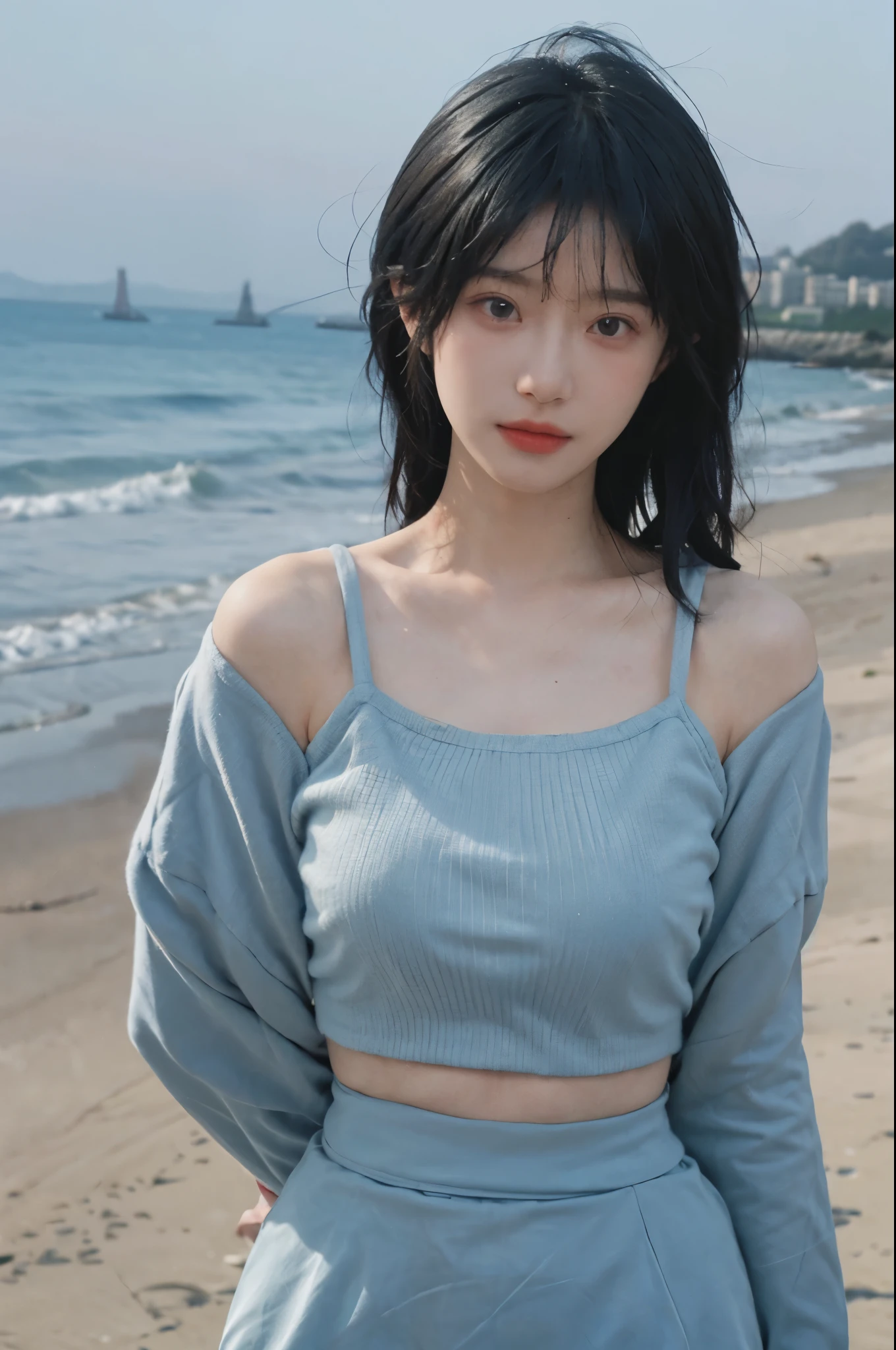 Best quality，Ultra-high resolution，（lifelike：1.4），Cute hairpin，2girll，Short blue hair，jk，Big breasts：１.４，Blush，Slim beauty：1.4，Visible abdominal muscles，on the beach，Ultra-fine face，Exquisite eyes，Double eyelids，