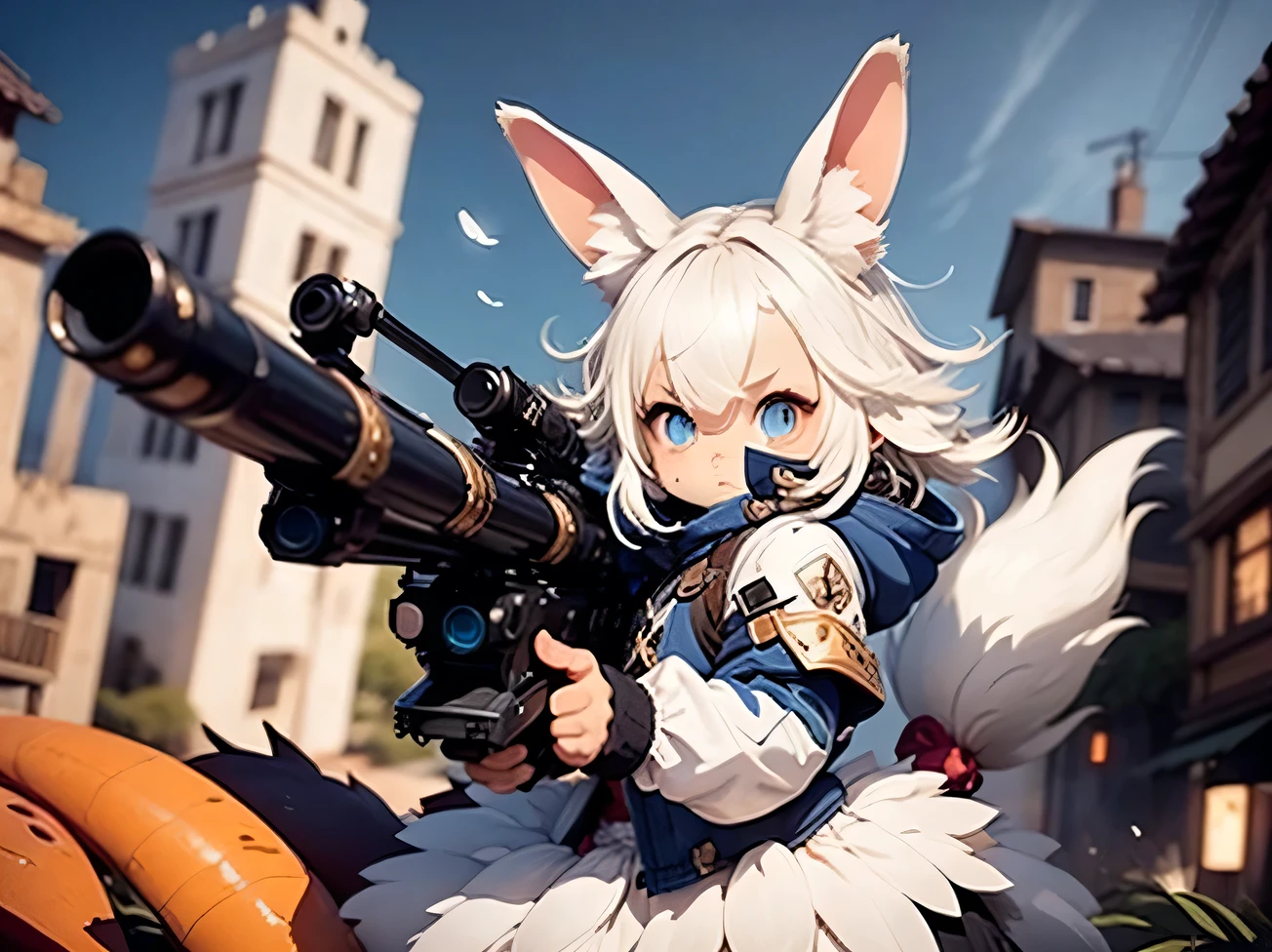 solo,1female\((chibi:1.8),cute,kawaii,,(white hair:1.7),(very long hair:1.7),bangs,(ear\(fluffy white rabbit-ear\):1.3),(only 1small rabbit-tail at hip:1.2),(red eye),big eye,beautiful shiny eye,skin color white,big hairbow,(combat suit\(body suit,(very tight:1.5),weapons\)),breast,shooting and aiming a laser gun to giant monster cat\), BREAK ,background\(city of Rubble,giant cats are destroying the city\),(close up female), BREAK ,quality\(8k,wallpaper of extremely detailed CG unit, ​masterpiece,hight resolution,top-quality,top-quality real texture skin,hyper realisitic,increase the resolution,RAW photos,best qualtiy,highly detailed,the wallpaper,golden ratio\)