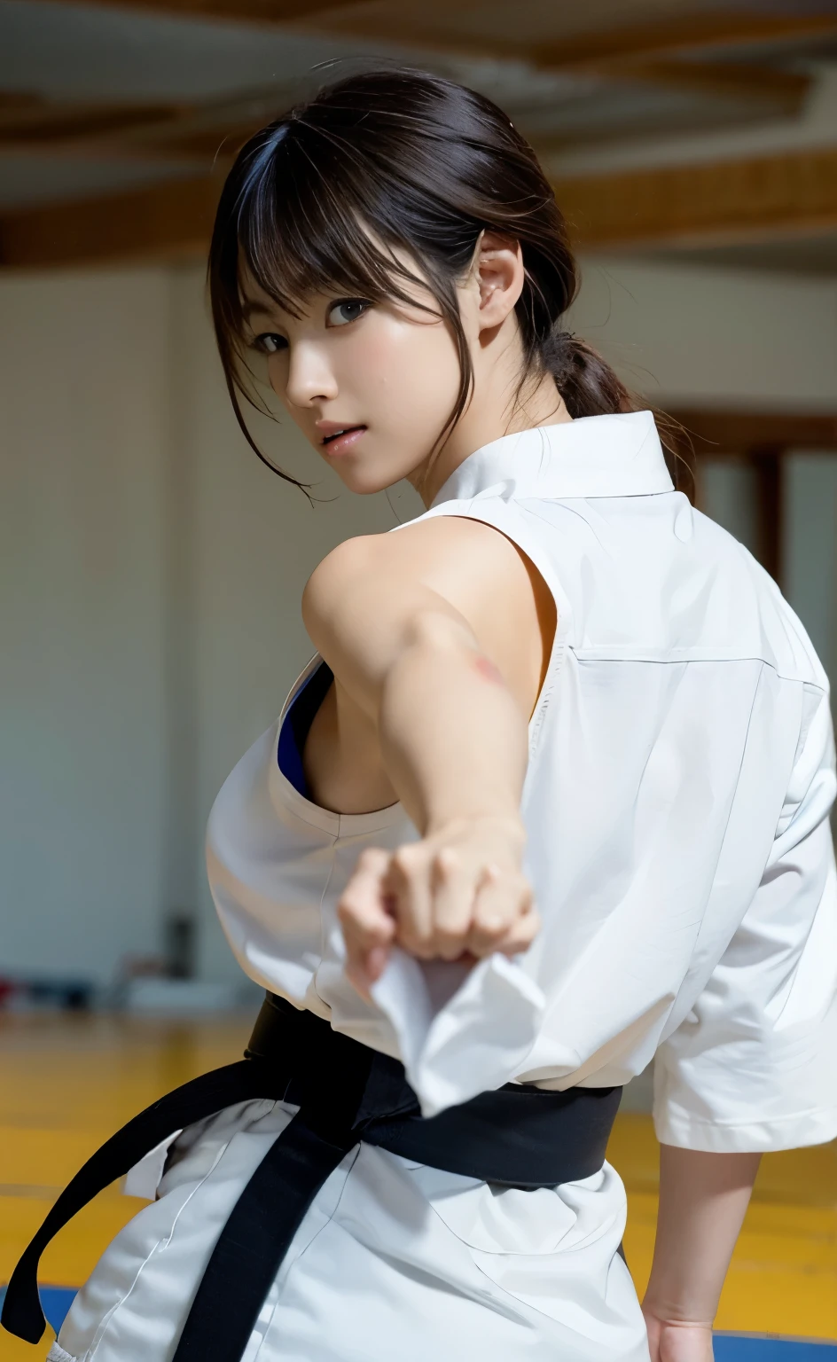 (((Carefully drawn limbs with perfect anatomy))),(((Capture the essence of the action and never miss a photo opportunity from the side))),Shiho, a slim, muscular, and beautiful karateka, is practicing randori in a large wooden dojo.,Serious look,Detailed movements,Serious Athlete,A fluid and strong body,(((Wear a basic white long-sleeved, long-hemmed karate uniform over a T-shirt.,The worn and faded black belt is tied around the middle of the body.))),Deep concentration,Mastering martial arts,Japanese extreme vacuum master,accurate kicks and blows,Sweat splashes,strength and discipline,defender of peace and justice,sharp reflexes,controlled breathing,Dojo training,Mental and physical balance,harmony of mind and body,Aiming for perfection,strategic combat,dynamic fighting techniques,Strong stance,rippling muscles,energetic punches and kicks,Focused gaze,Resolute expression,zen-like concentration,break a wooden board with force,active training session,Strict discipline,competitive tournament,Black and white color scheme,Master karate,Karate as a way of life,Intense exercise,burst of energy,mindful meditation,Travel,Fierce determination,unwavering,battle-tested karateka,crush your opponent with precision,lead by example,Indomitable,Perfect technique execution,Embodying the essence of karate.Focus on the face,Like a movie,texture,Detailed face,Detailed skin,Detailed fingers,Natural Hand 2-3500,Analog Film Photography,Deep Photo,The depth of the written world,Ferrania P30 Film,Shadow,Perfect face and body,35mm Photography,(((Beautiful hair neatly braided))),Air flow is represented by fine light-reflecting particles,4K Digital SLR Camera,Film Grain,Fujifilm XT3,(Saiharu Body),(Delicate eyes and face),Professional Perspective,Amazing details,Beauty condensed into one girl,Beautiful face with a delicate and high nose,Coke bottle body,A handsome face with a high, straight nose, clear chestnut eyes and glossy lips.,I used a Nikon D5 and set the F value to F1..4 ISO100 Shutter speed 1/500,8K highest quality,Create a striking photo with a contrast of light and shadow,正面から全身4K撮Shadow,